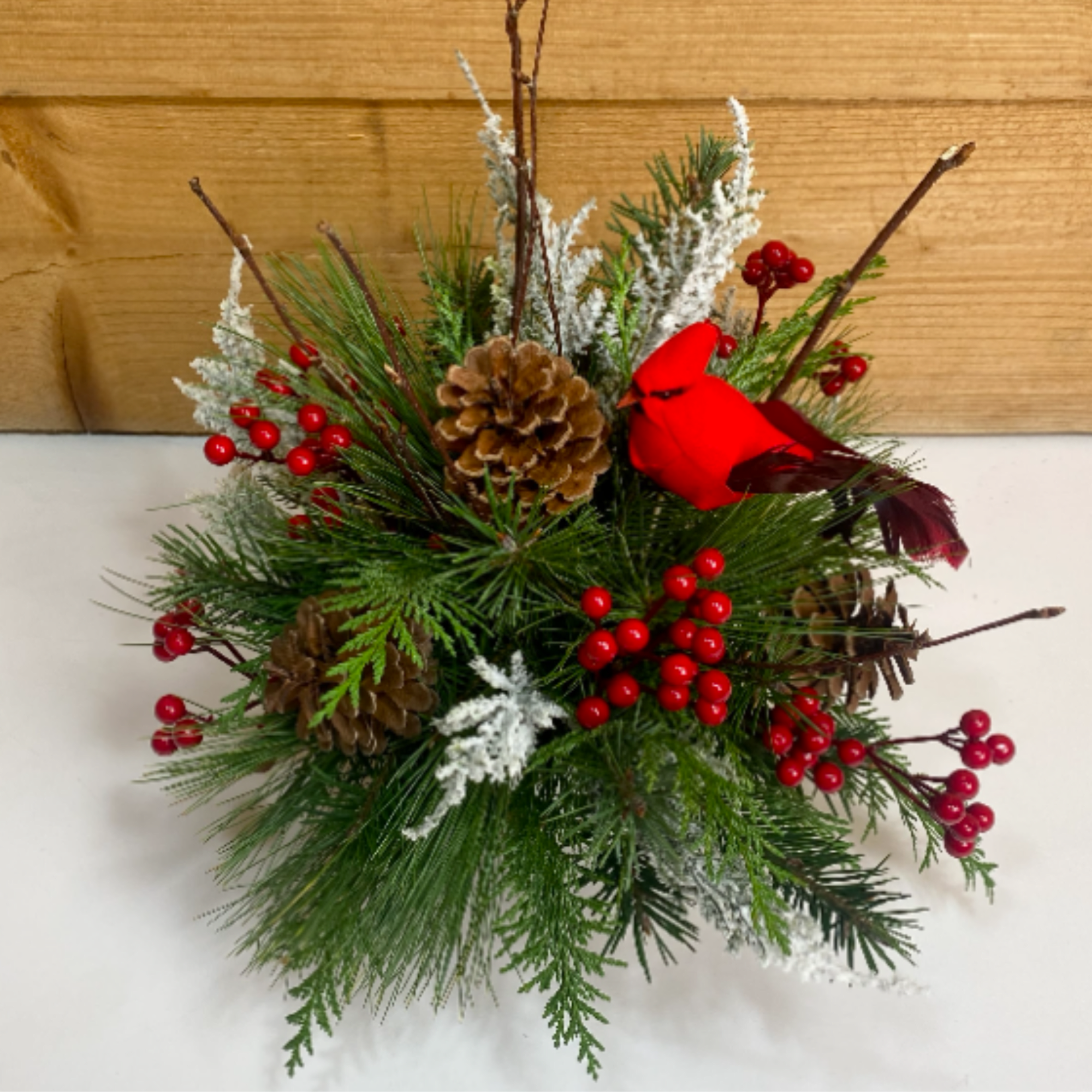 Cardinal Christmas is a delightful arrangement for the winter season, with a