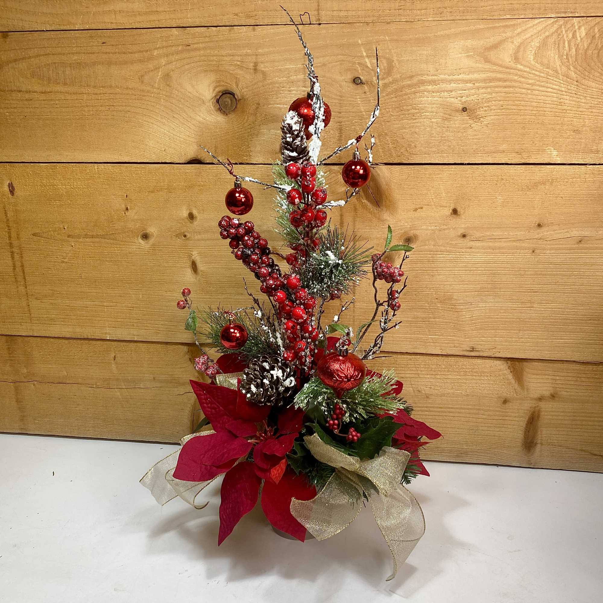 Our Scarlet Symphony Silk Arrangement is a beautiful artificial holiday arrangement that