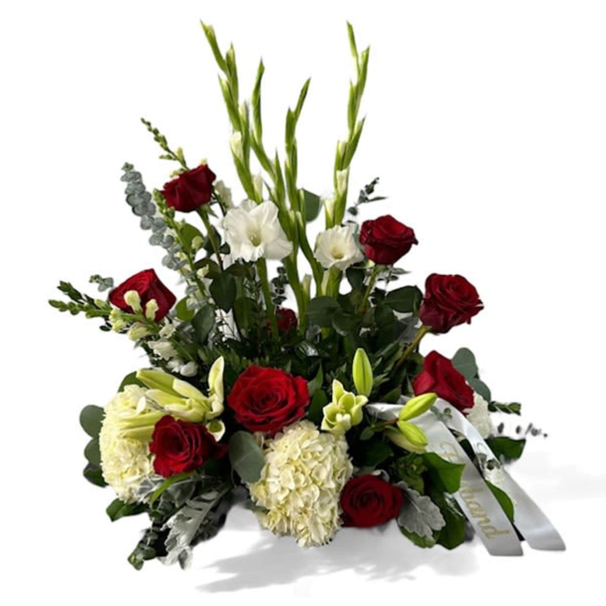 This stunning casket saddle is a heartfelt tribute that beautifully honors the