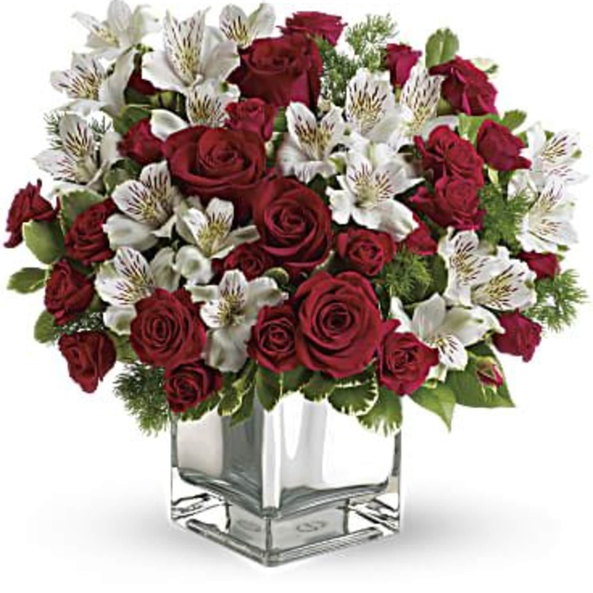Have yourself a modern little Christmas with red roses and white alstroemeria