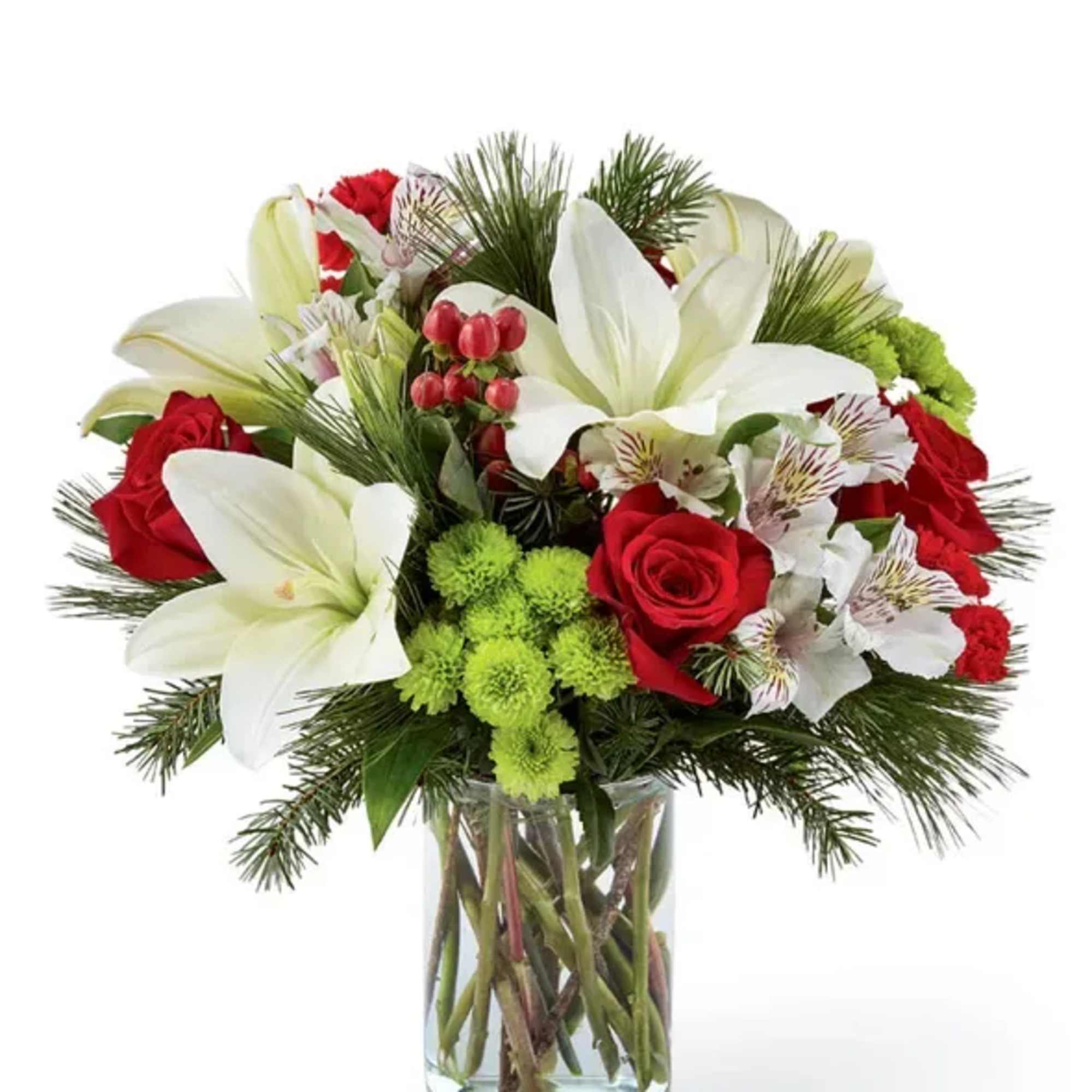 Brighten any occasion with this tasteful collection of fresh winter blooms in