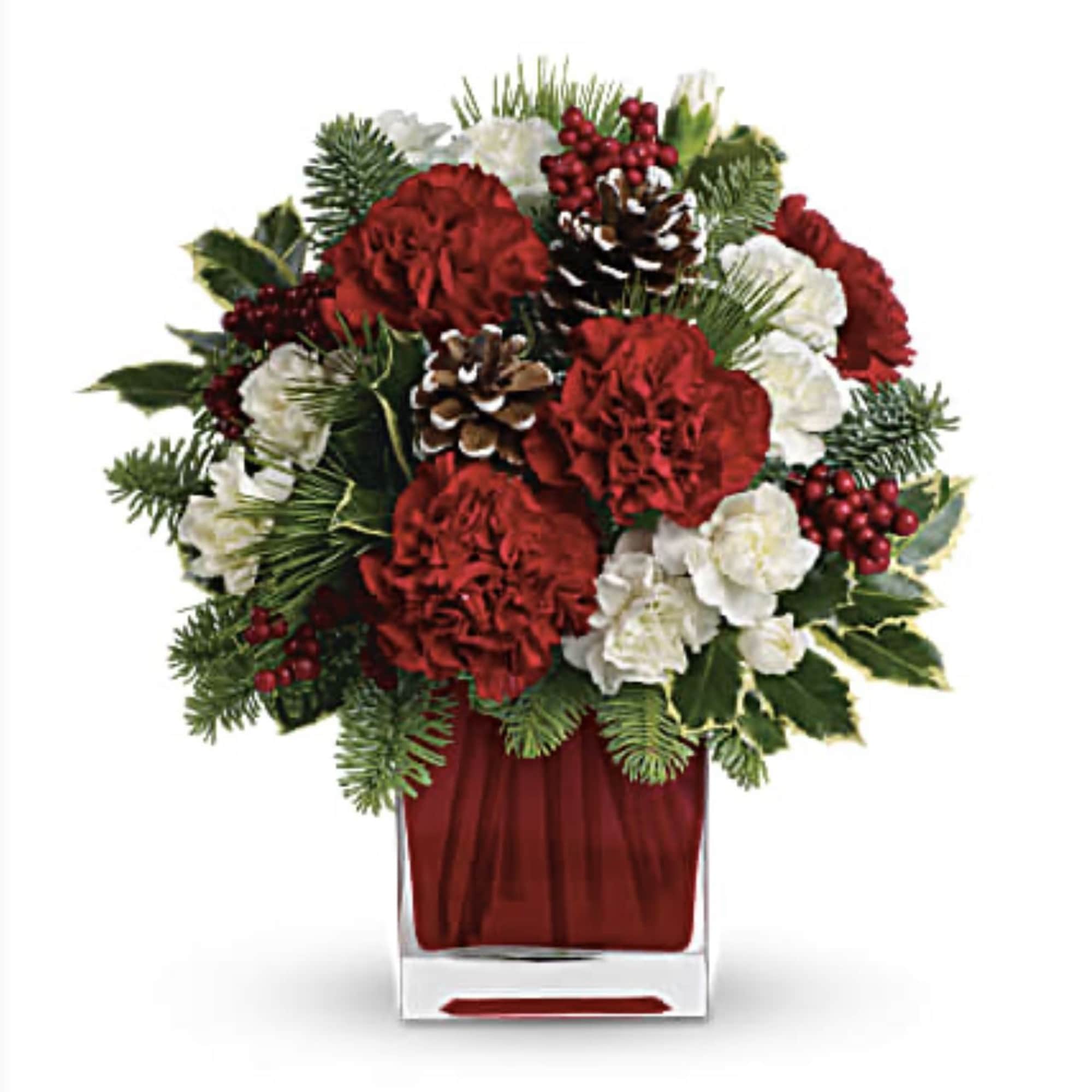 Make them merry with this sweet bouquet! Red carnations and white carnations