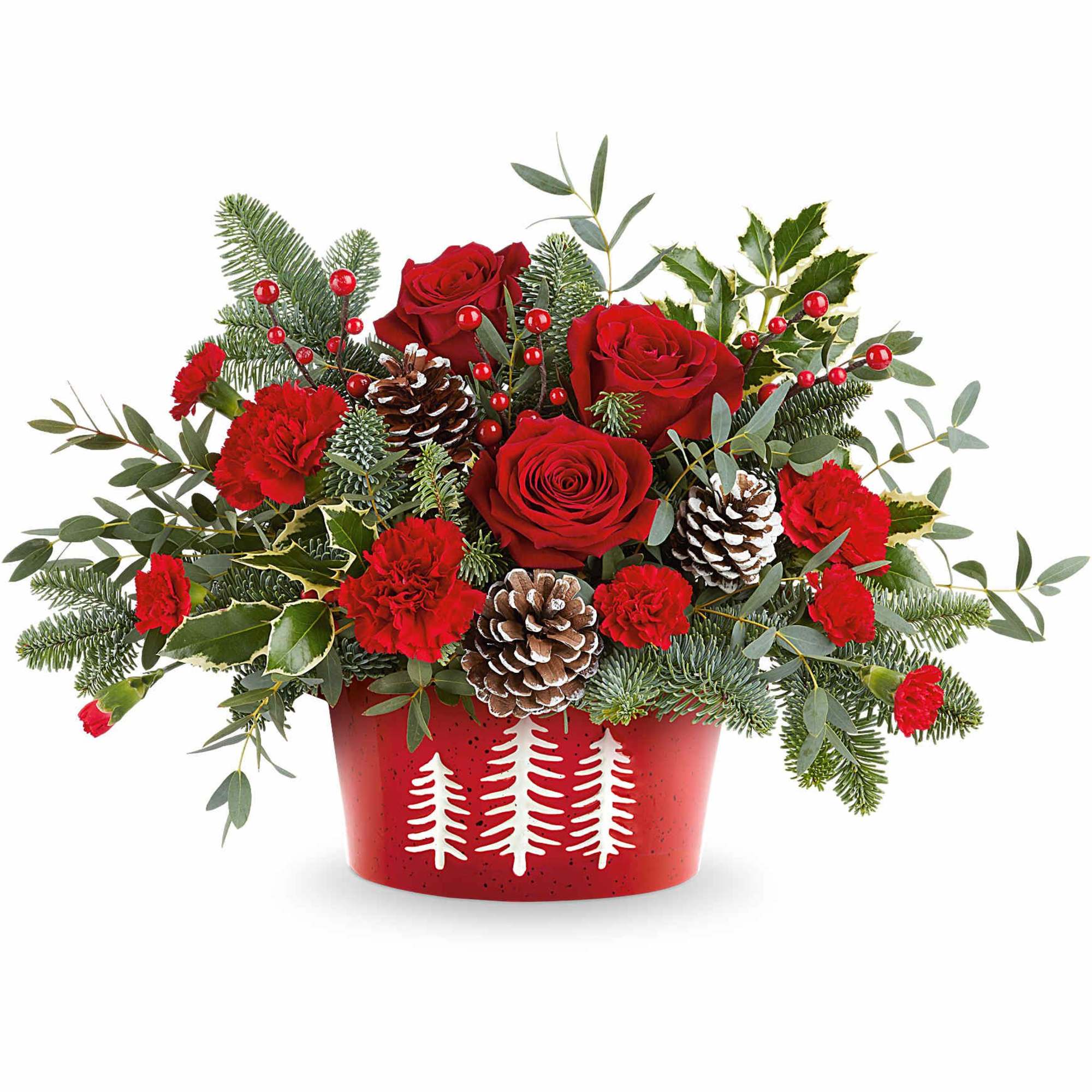  Winter Whimsy Centerpiece brings festive cheer to your table. Red roses