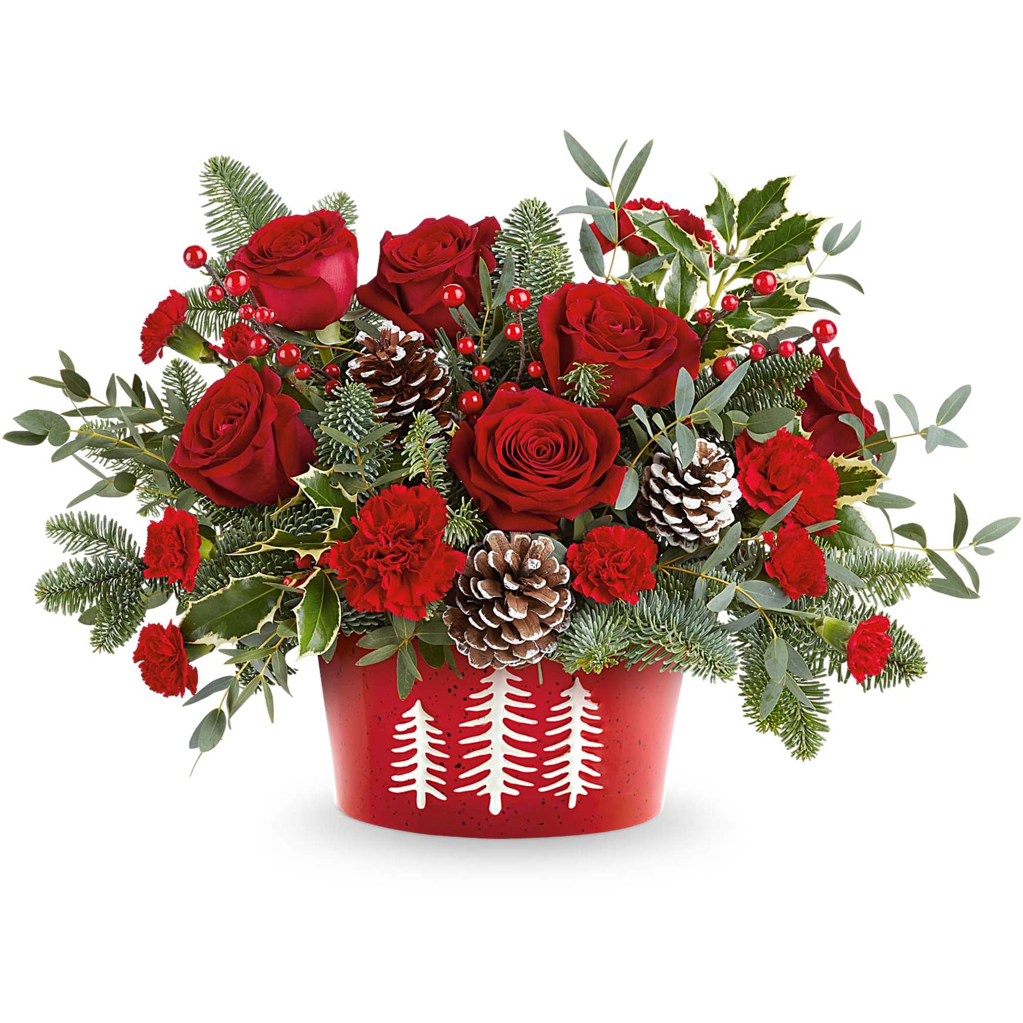  Winter Whimsy Centerpiece brings festive cheer to your table. Red roses