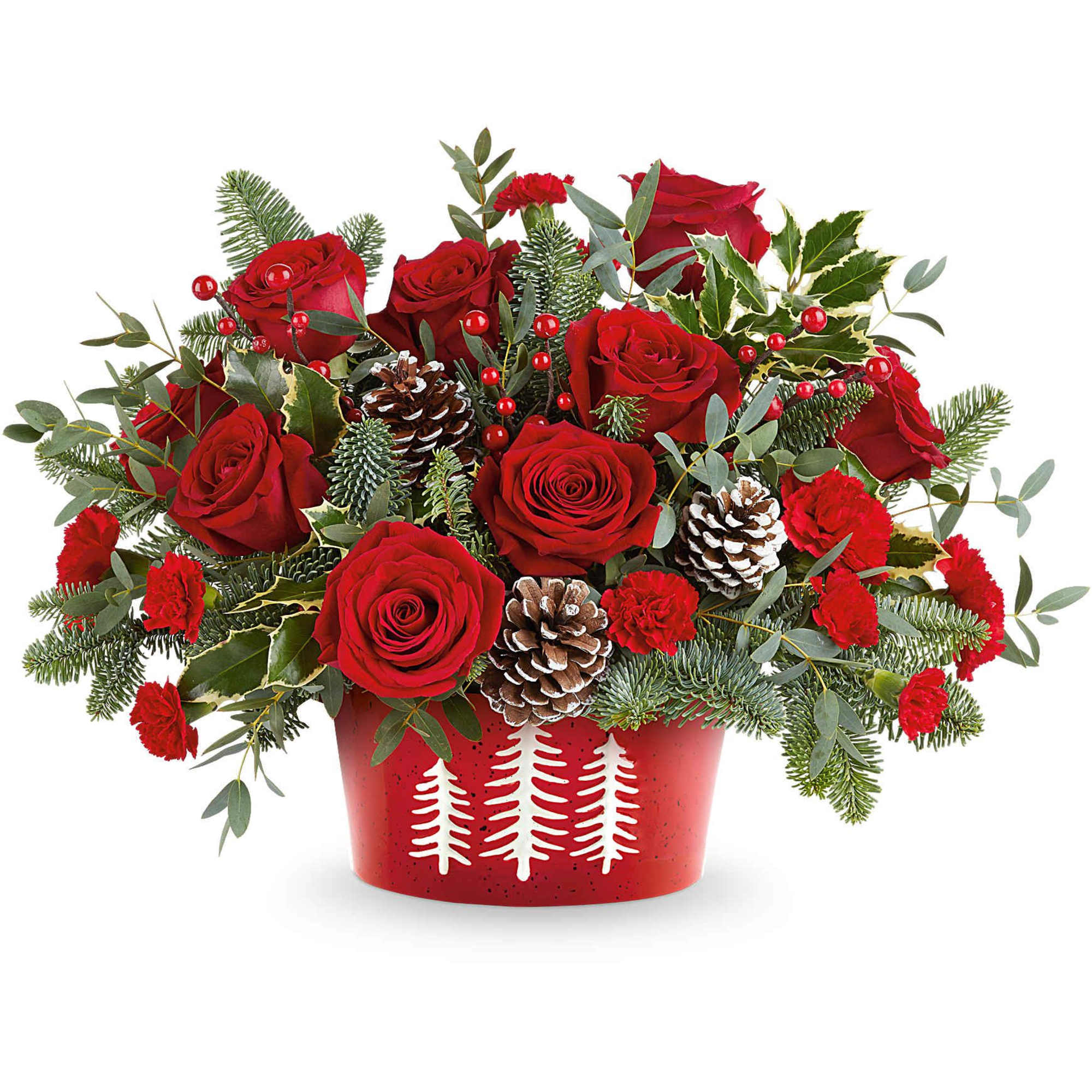  Winter Whimsy Centerpiece brings festive cheer to your table. Red roses