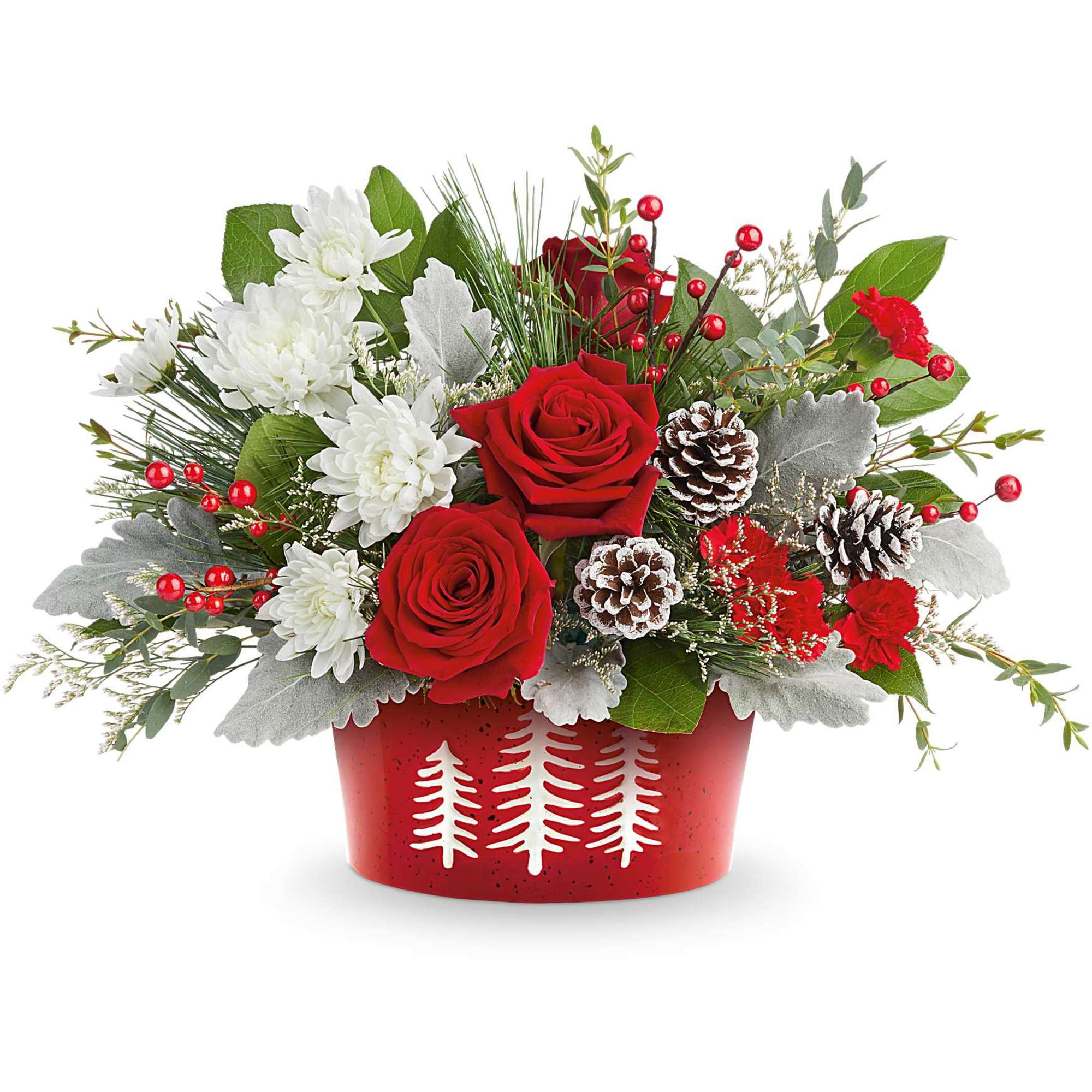 Celebrate the season with our Snowy Pines Centerpiece. Bursting with red roses