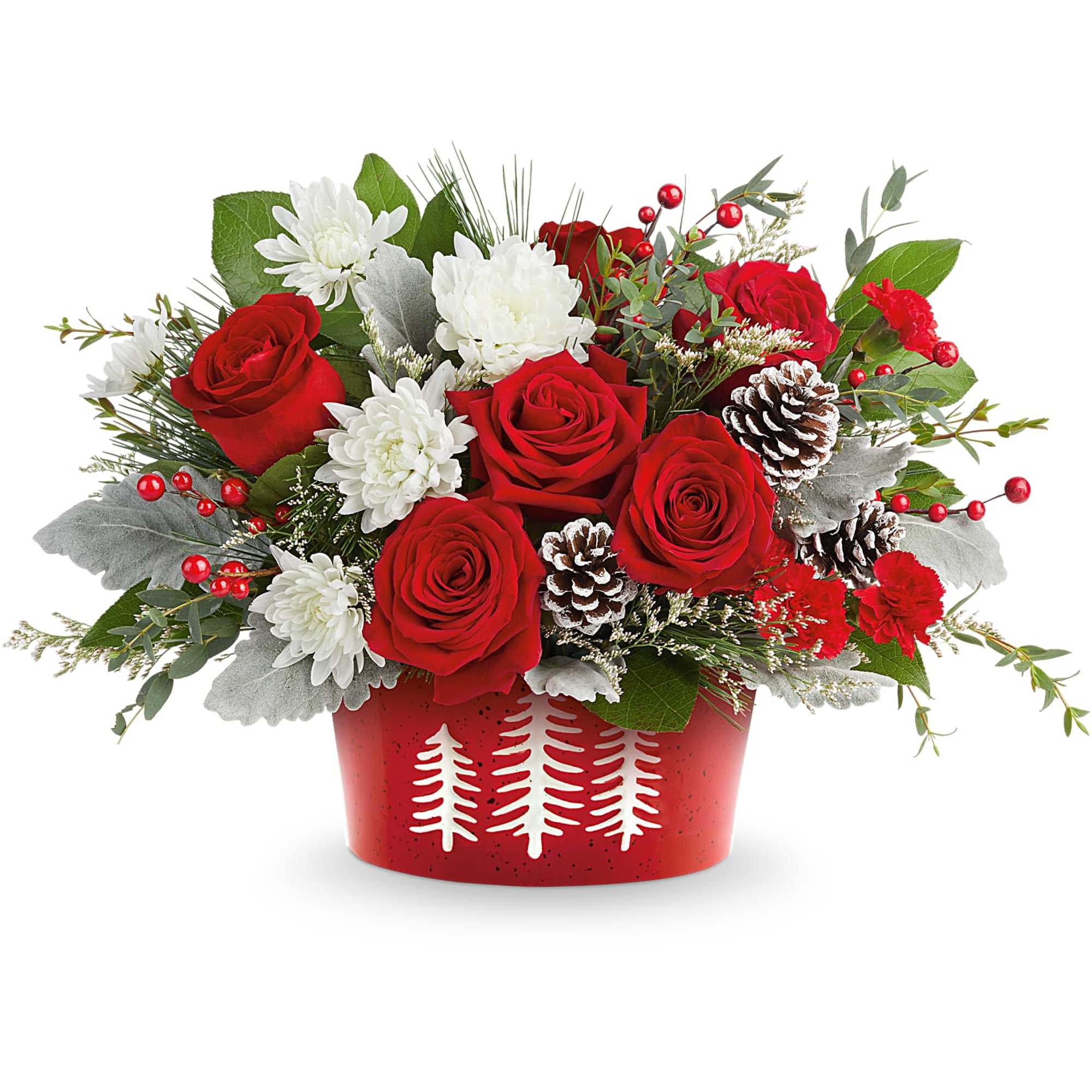 Celebrate the season with our Snowy Pines Centerpiece. Bursting with red roses