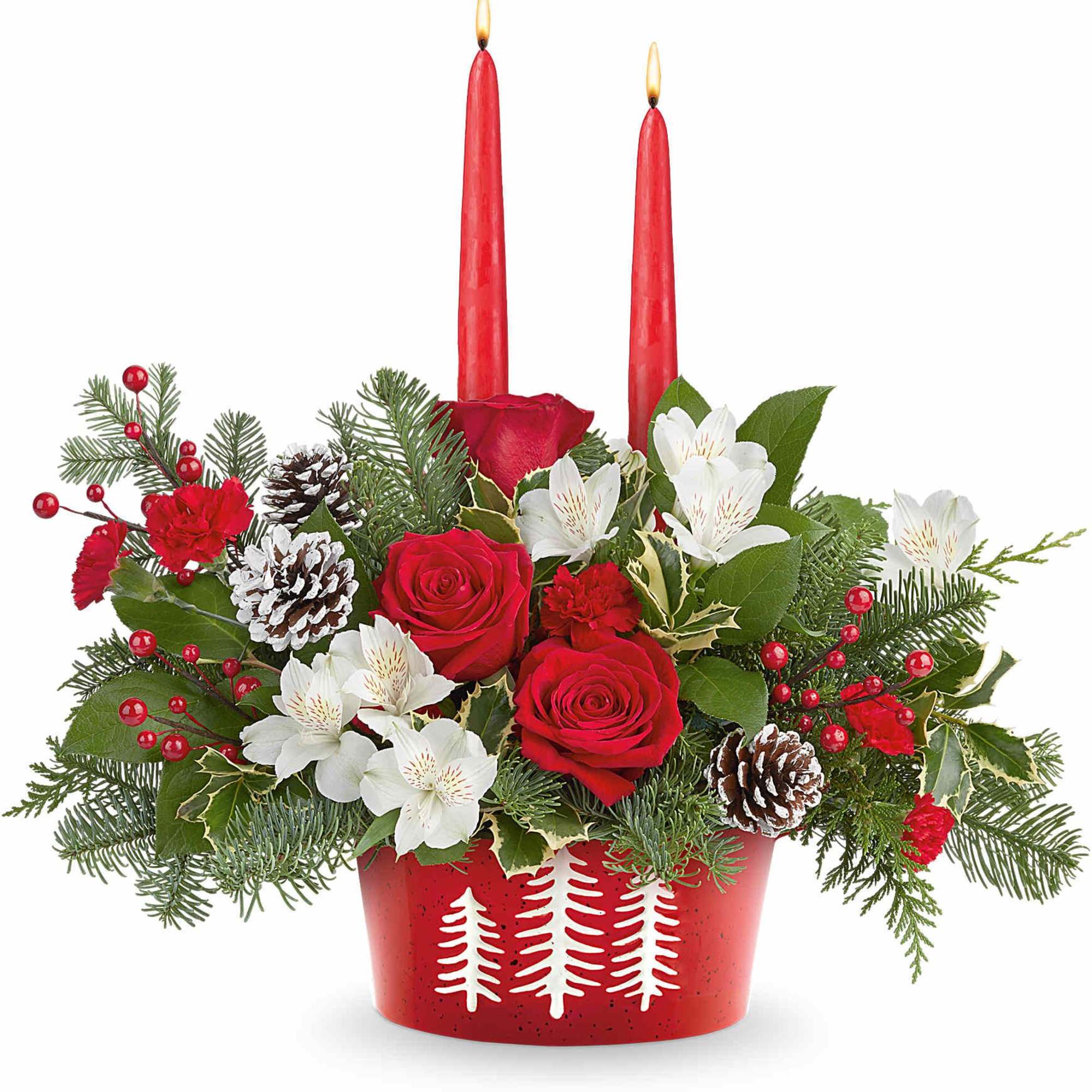 Glow up your holiday table with our Evergreen Charm Centerpiece. Red roses