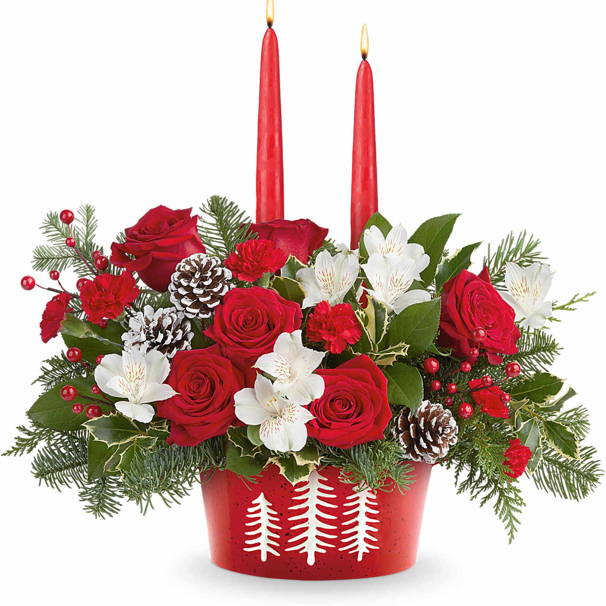 Glow up your holiday table with our Evergreen Charm Centerpiece. Red roses