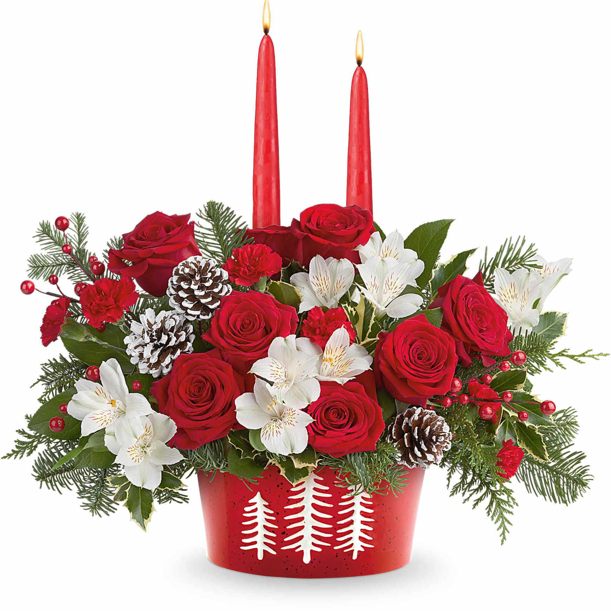 Glow up your holiday table with our Evergreen Charm Centerpiece. Red roses