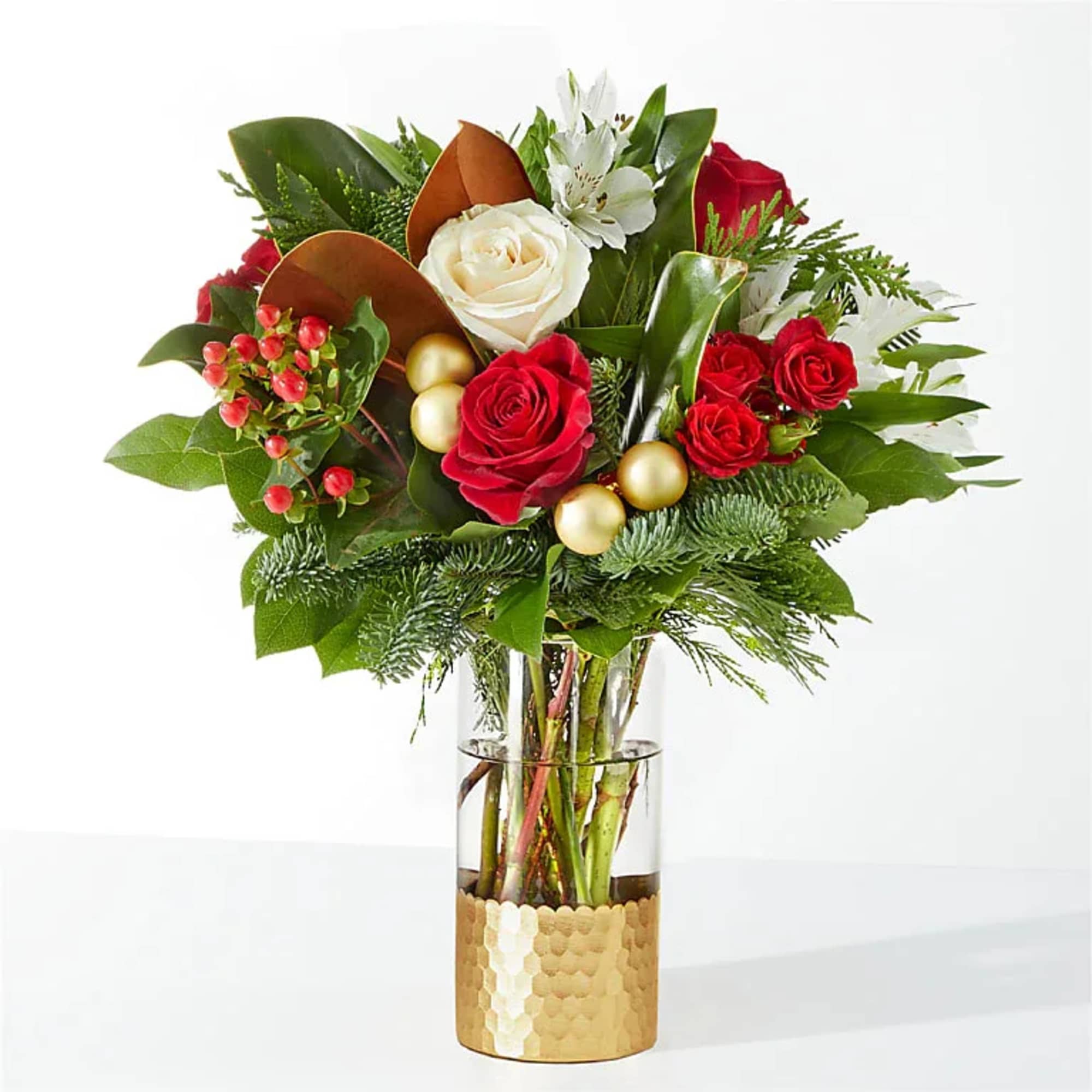 Spread joy this holiday season with a shimmering arrangement of roses, alstroemeria