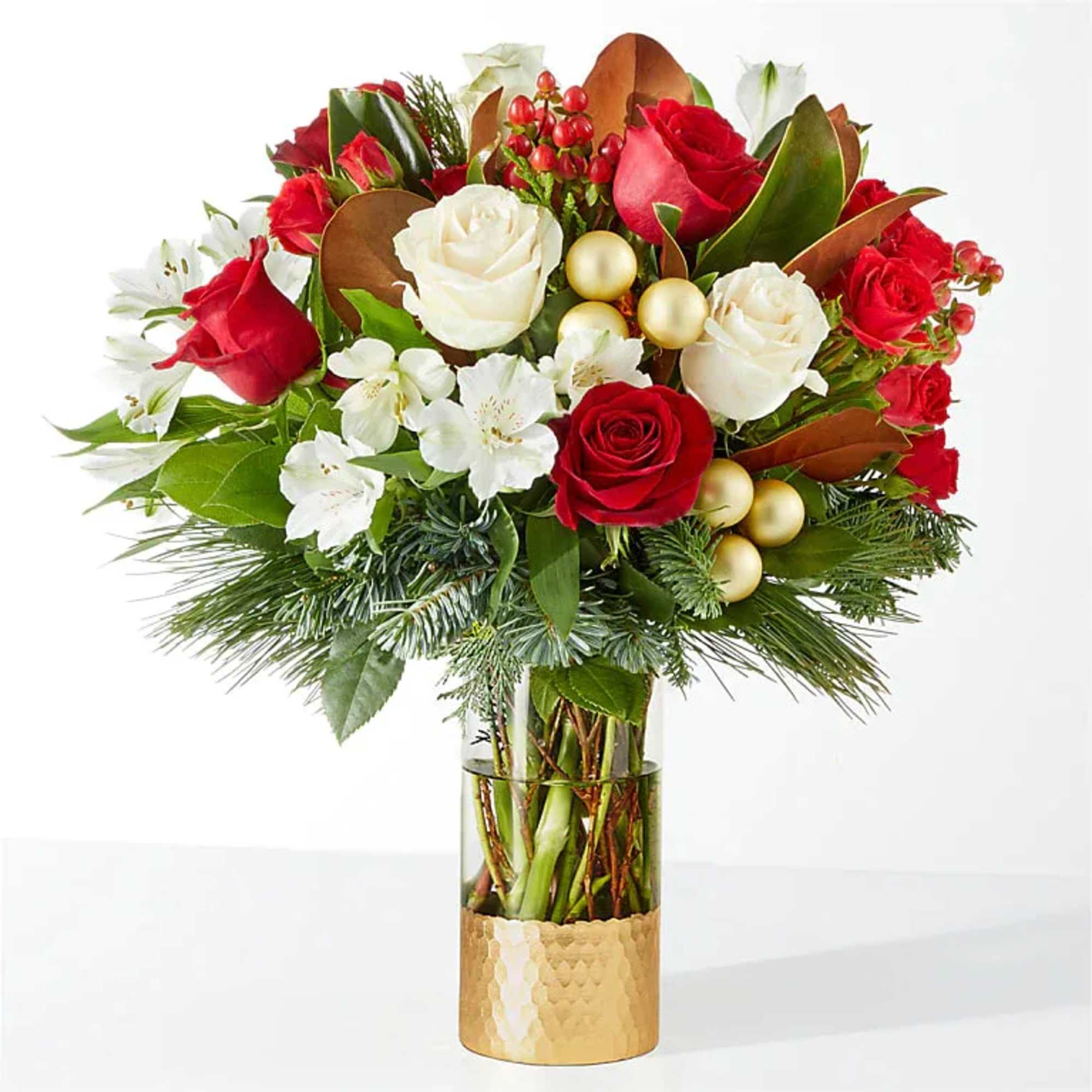 Spread joy this holiday season with a shimmering arrangement of roses, alstroemeria