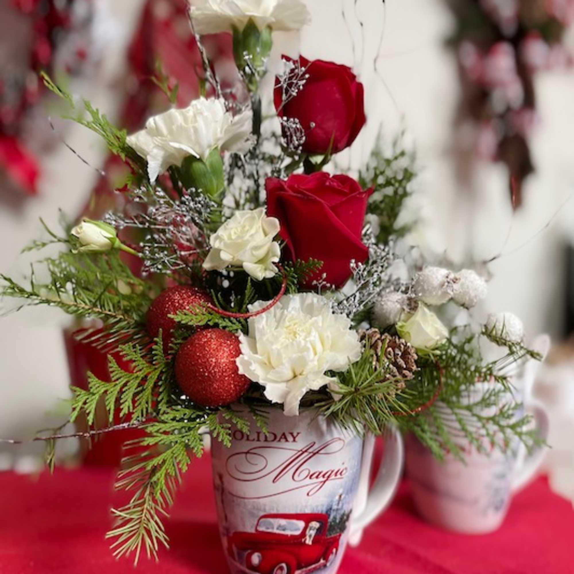 Give the gift of seasonal evergreens and flowers with a keepsake mug