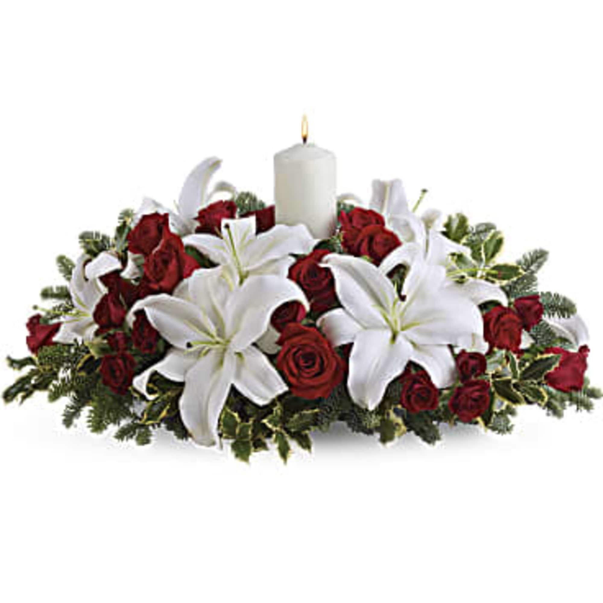 This beautiful centerpiece  Make of red roses, white asiatic lilies, noble