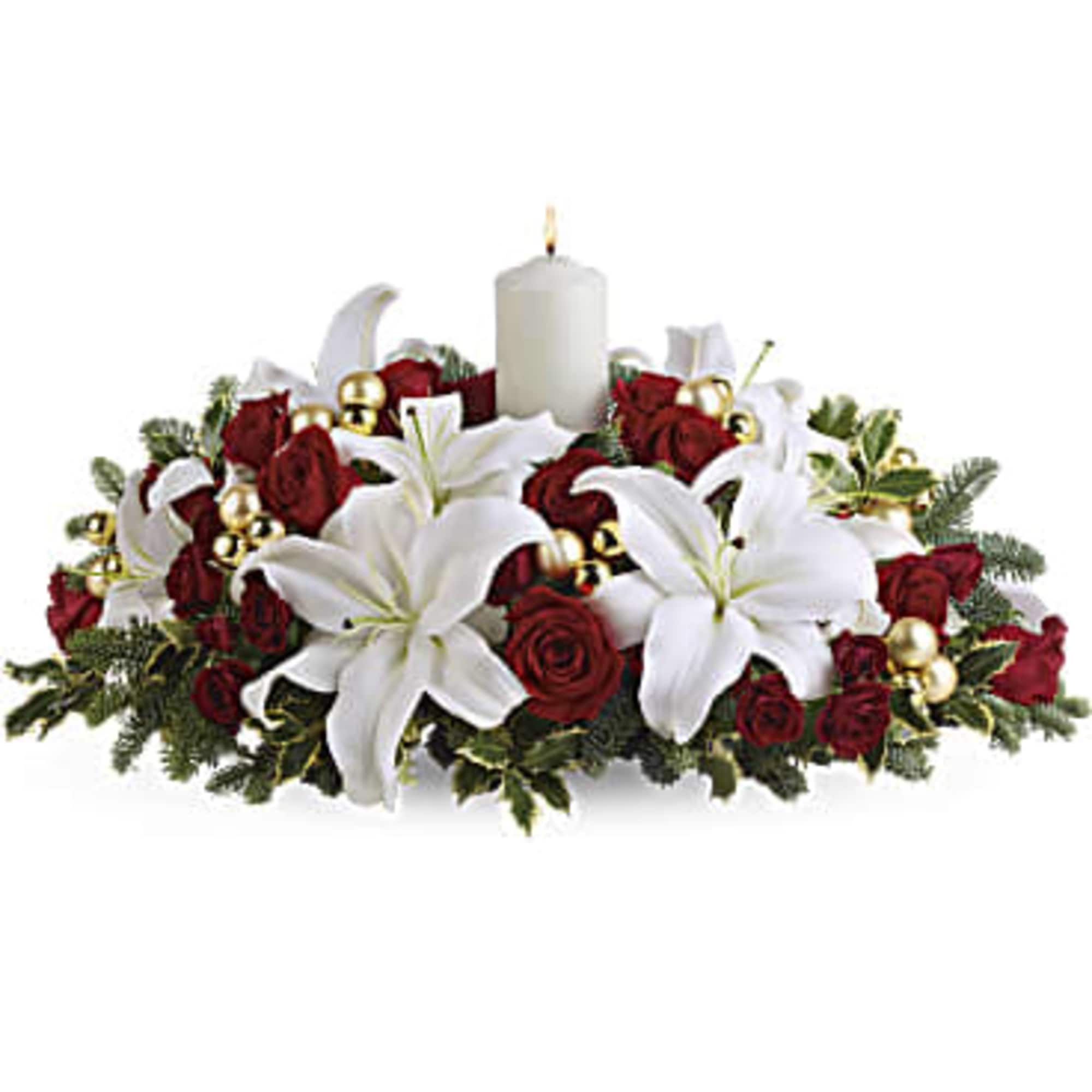 This beautiful centerpiece  Make of red roses, white asiatic lilies, noble