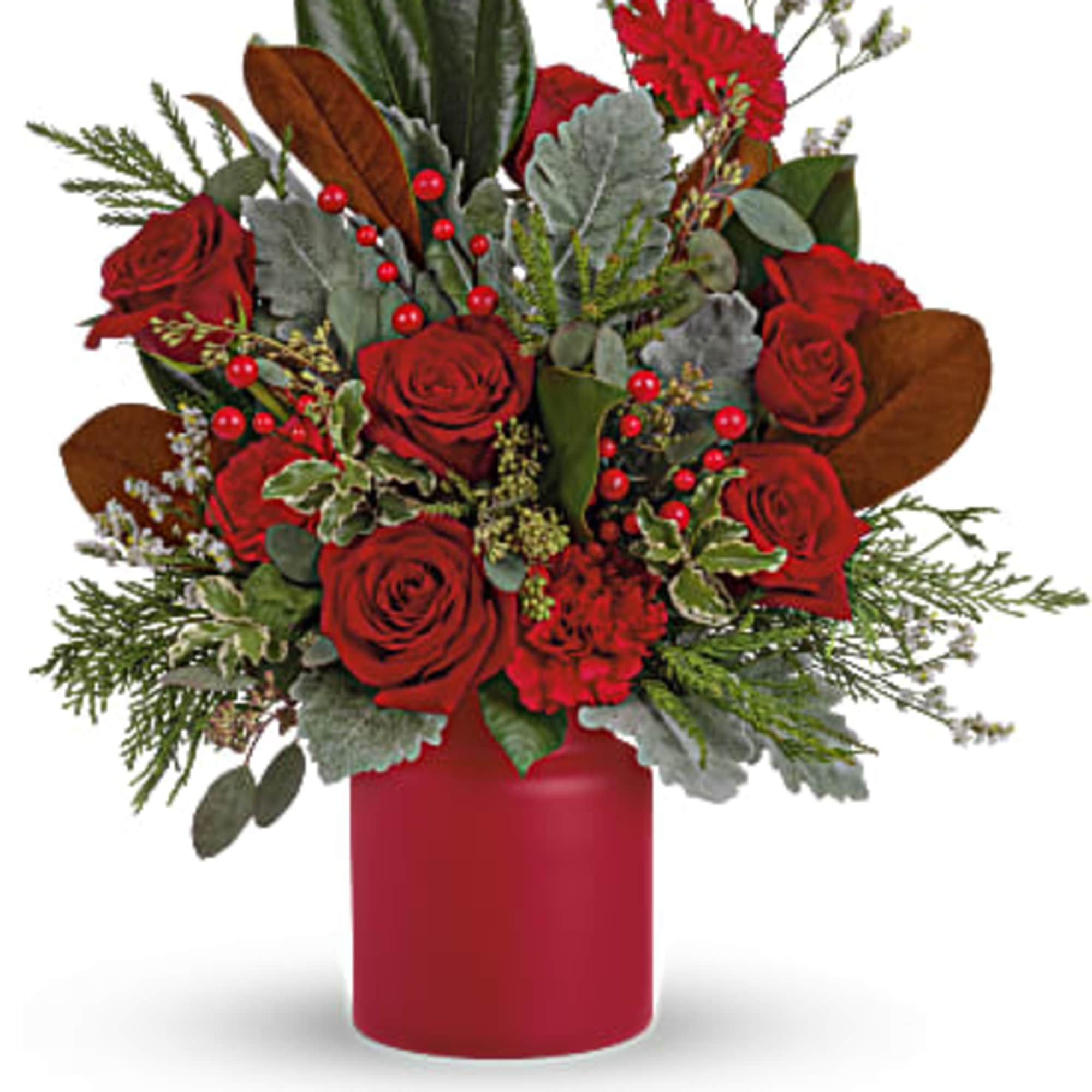 Simply unique, this gorgeous green and red design is artfully hand-arranged in