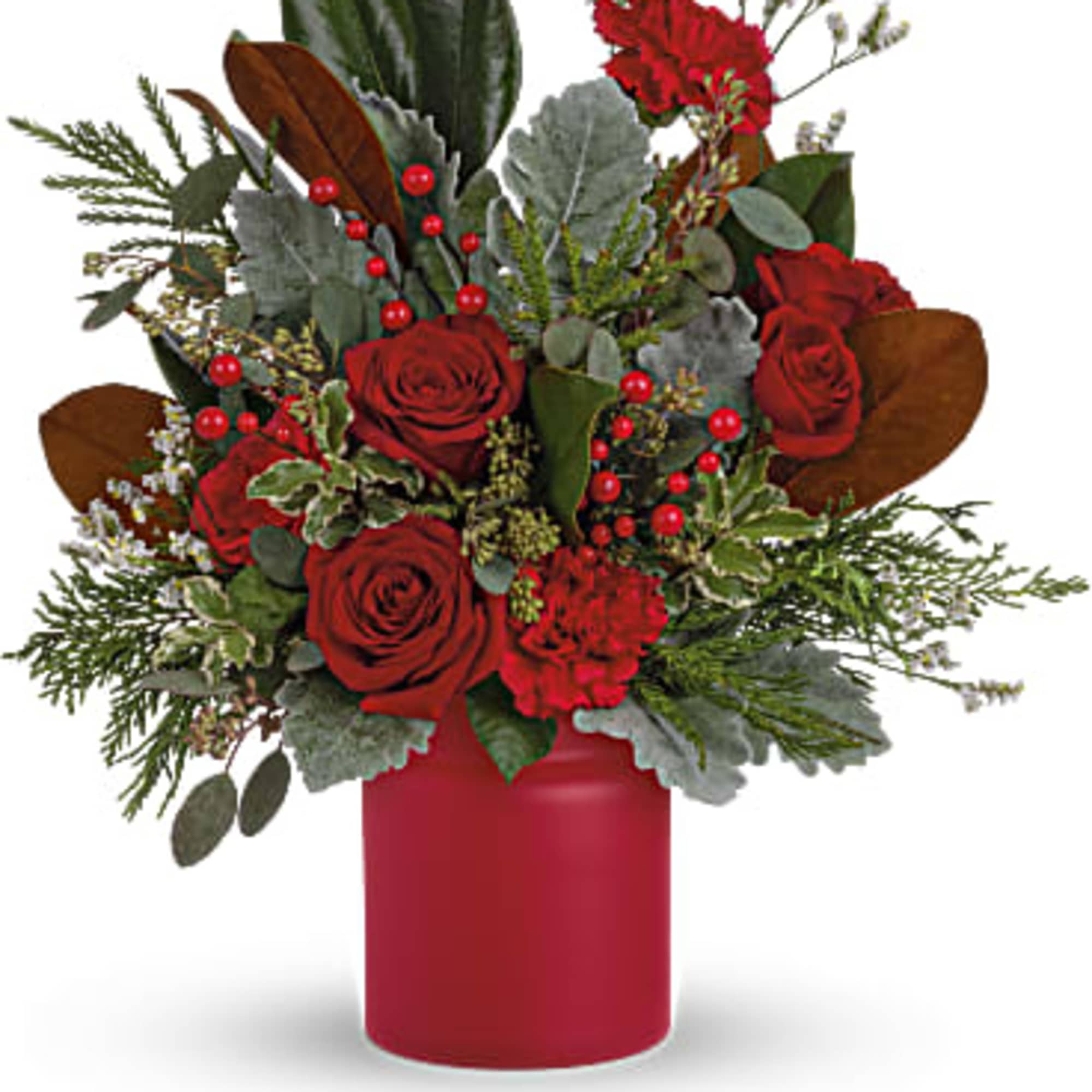 Simply unique, this gorgeous green and red design is artfully hand-arranged in