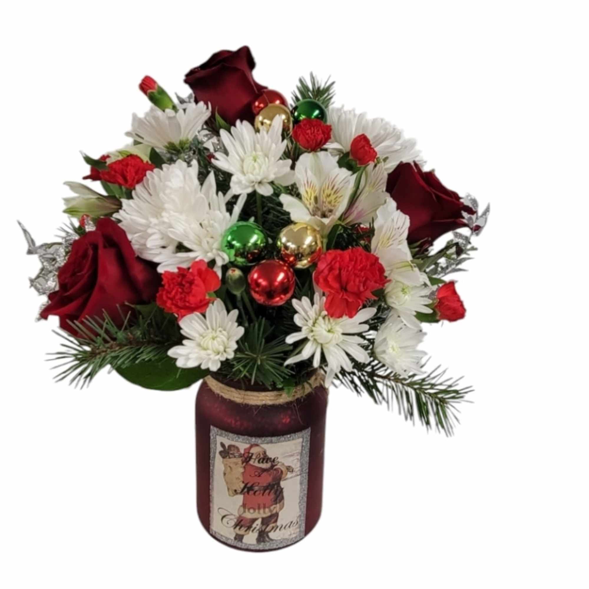 A traditional Christmas Arrangement in red &amp; white accented with multicolored Christmas