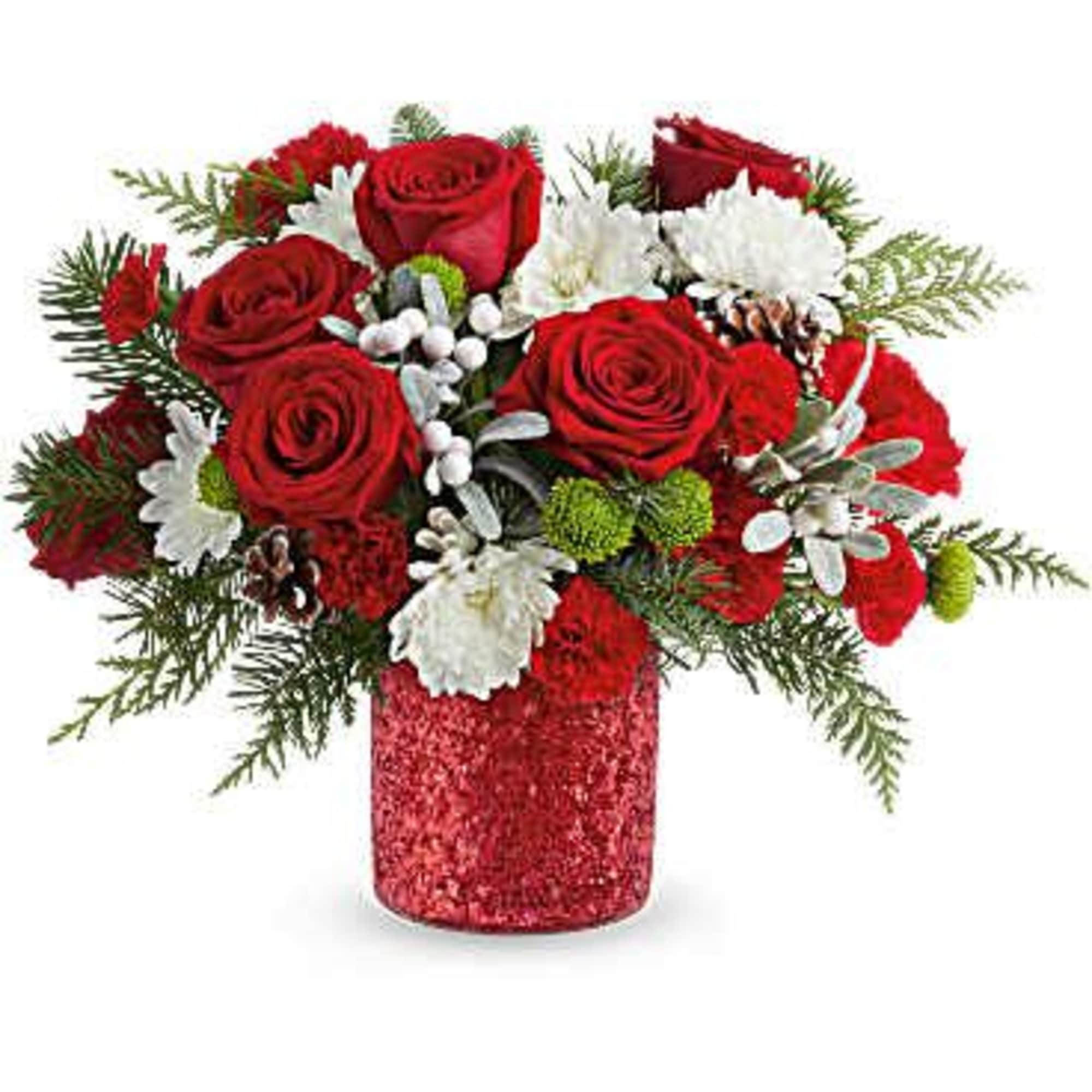 Teleflora&#039;s Christmas Magic Bouquet sparkles with red and green blooms, festive evergreens