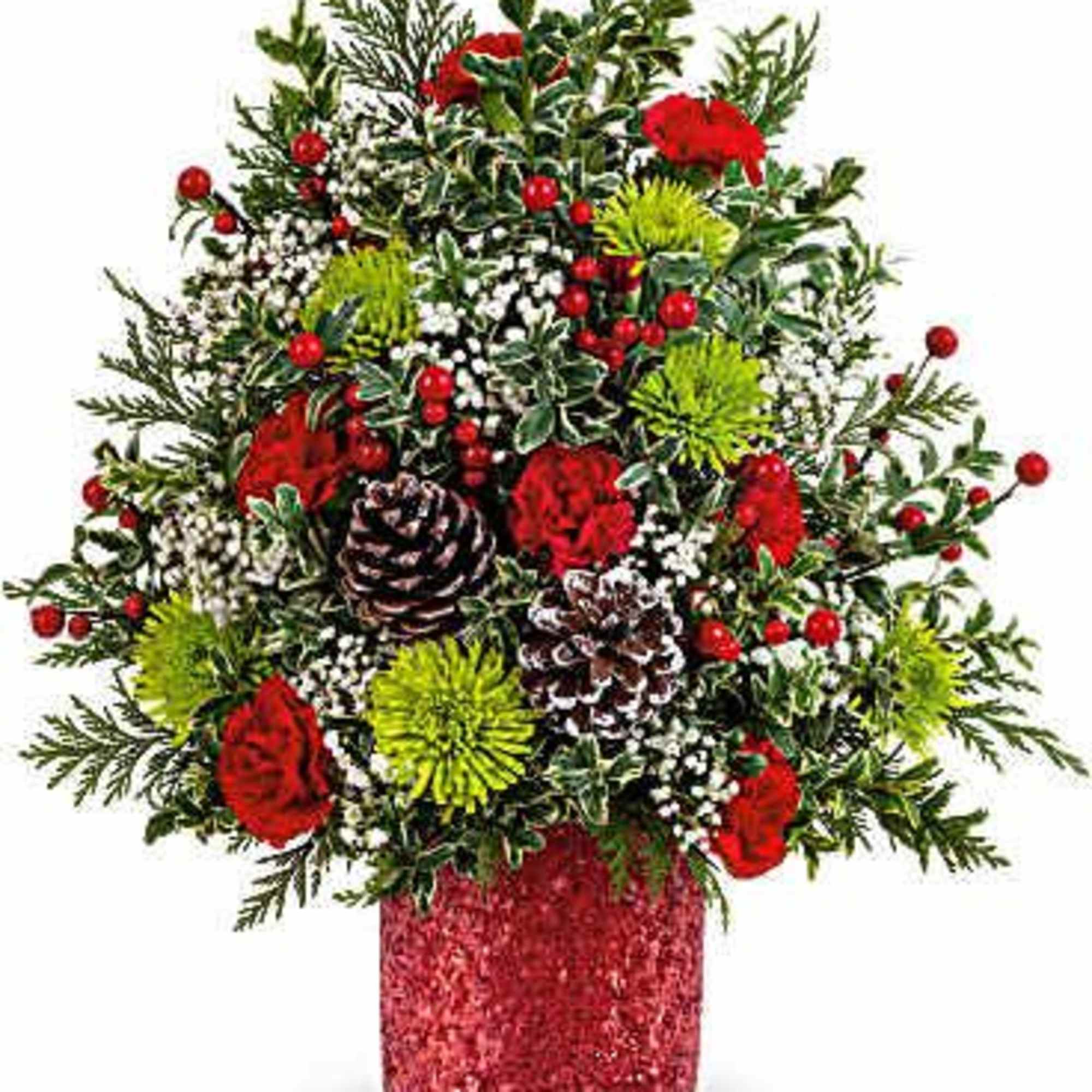 Teleflora&#039;s Holiday Cheer Tree is brimming with joy! Red carnations, green mums