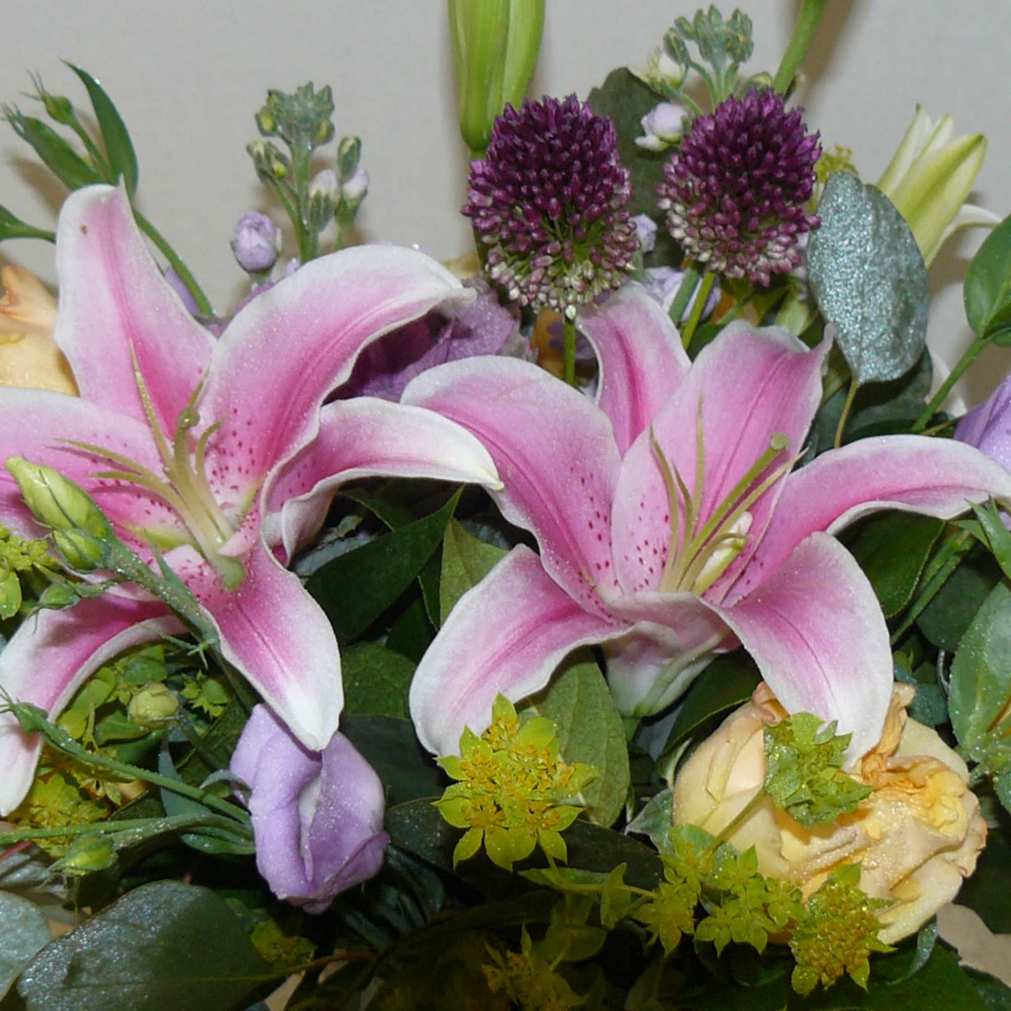 Roses, Lilies,  Allium, Stock , Eucalyptus, Fancy Greens