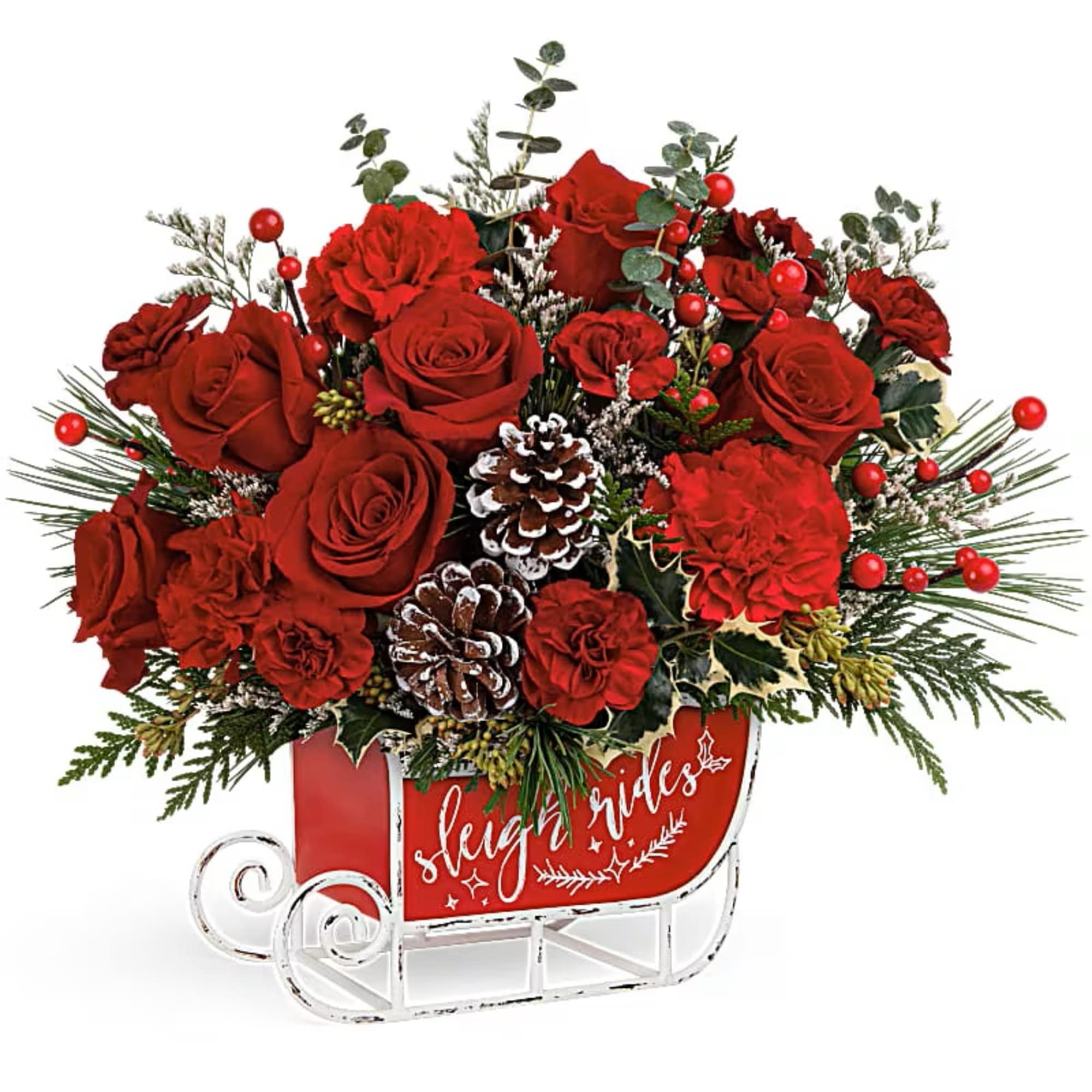 Sleigh all day! Bursting with fresh flowers and vintage nostalgia, this antiqued