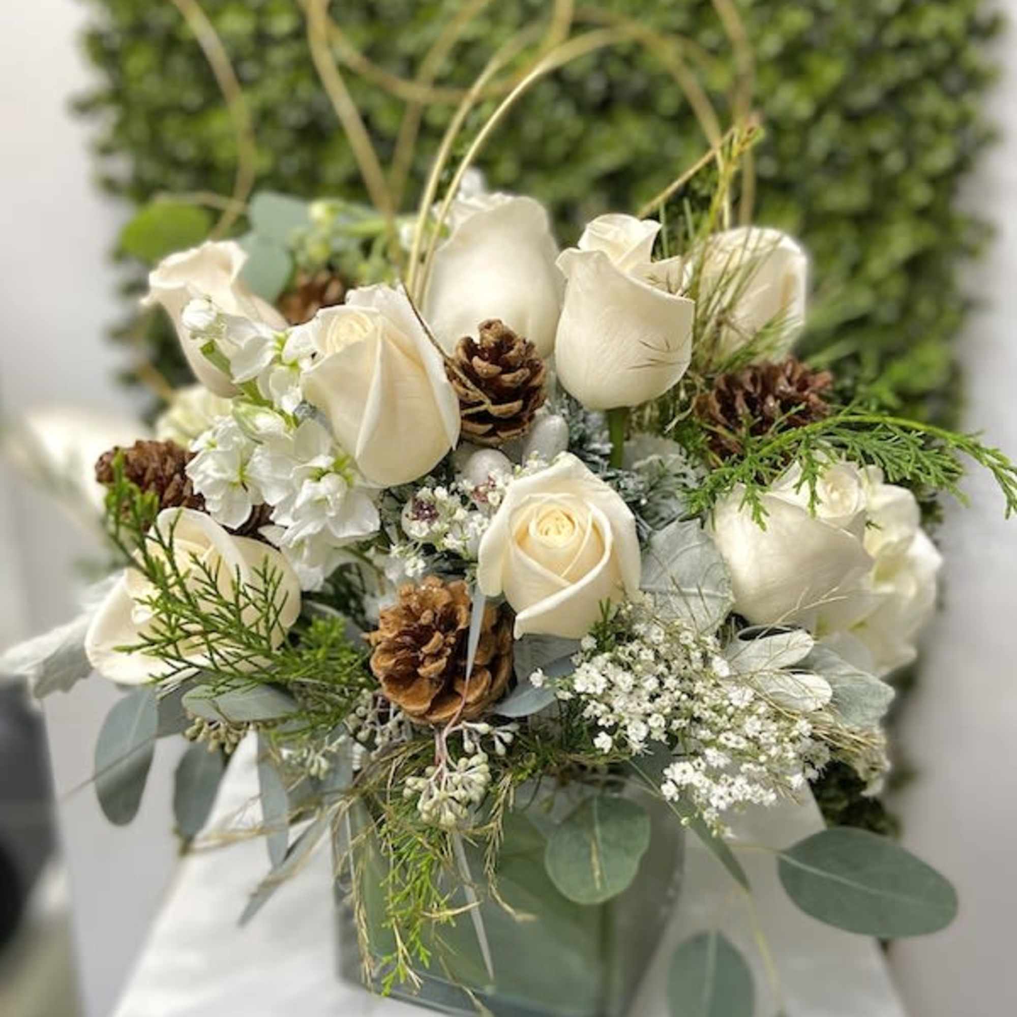 Christmas Bouquet: White and gold christmas look with assortment of roses, pine