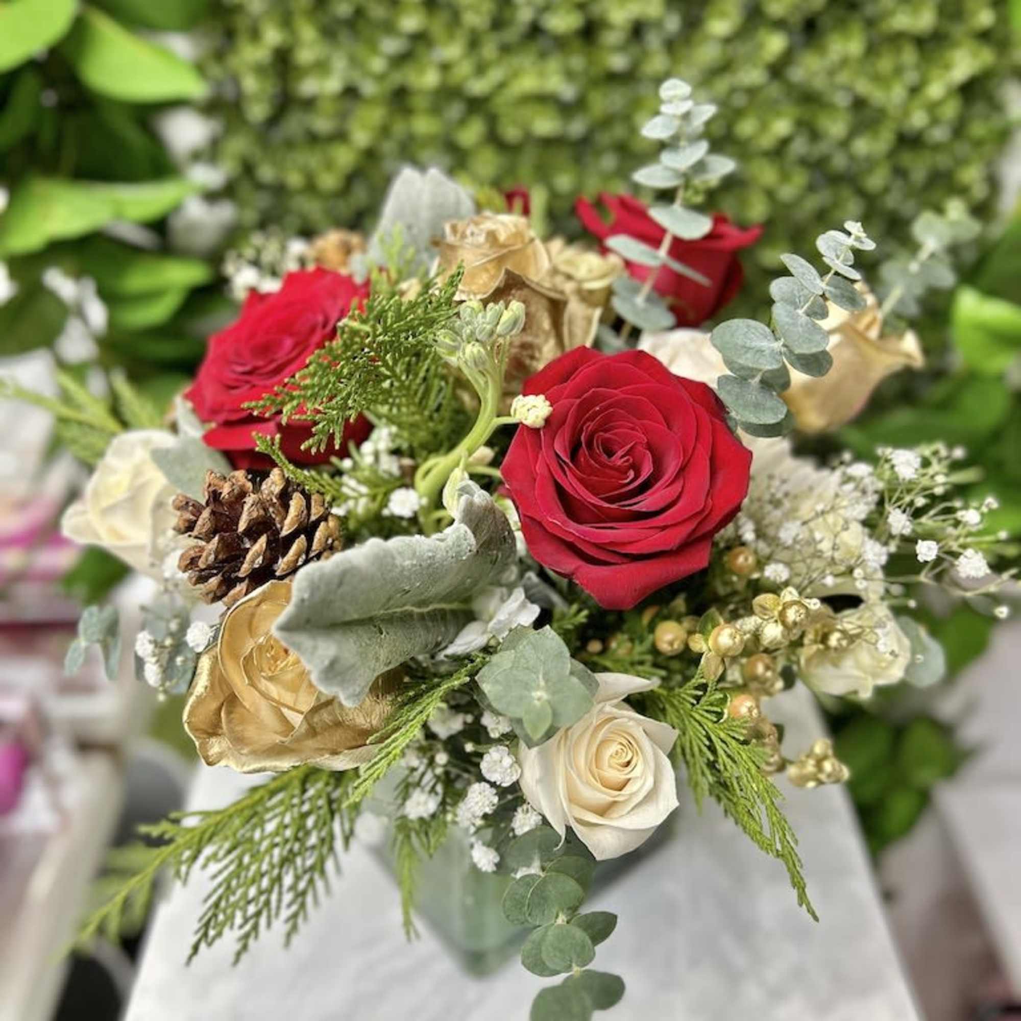 Noel&#039;s Favorite Christmas Bouquet: White, red, and gold Christmas look with assortment