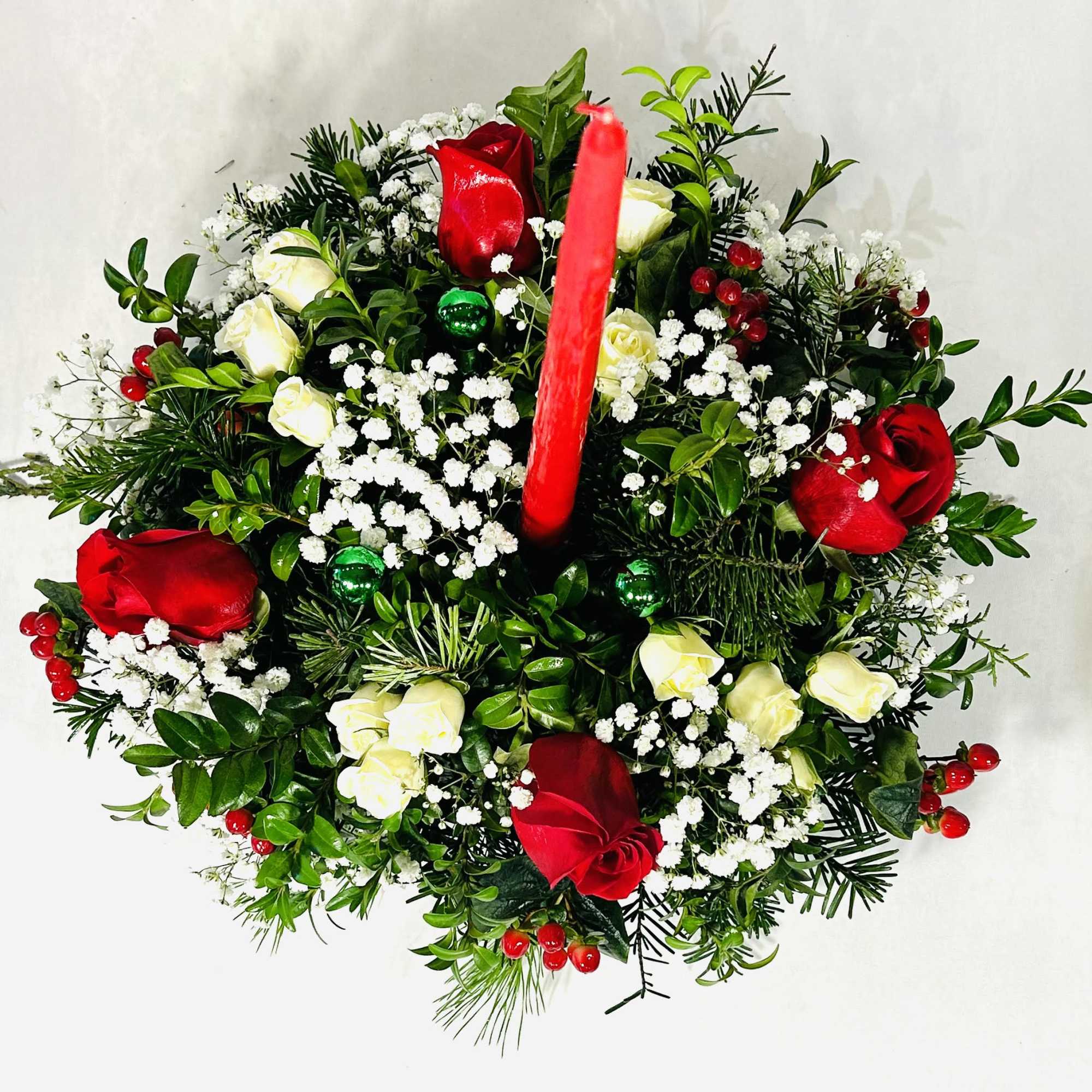 Christmas Centerpiece with 1 Red Taper Candle. Stunning arrangement to order for
