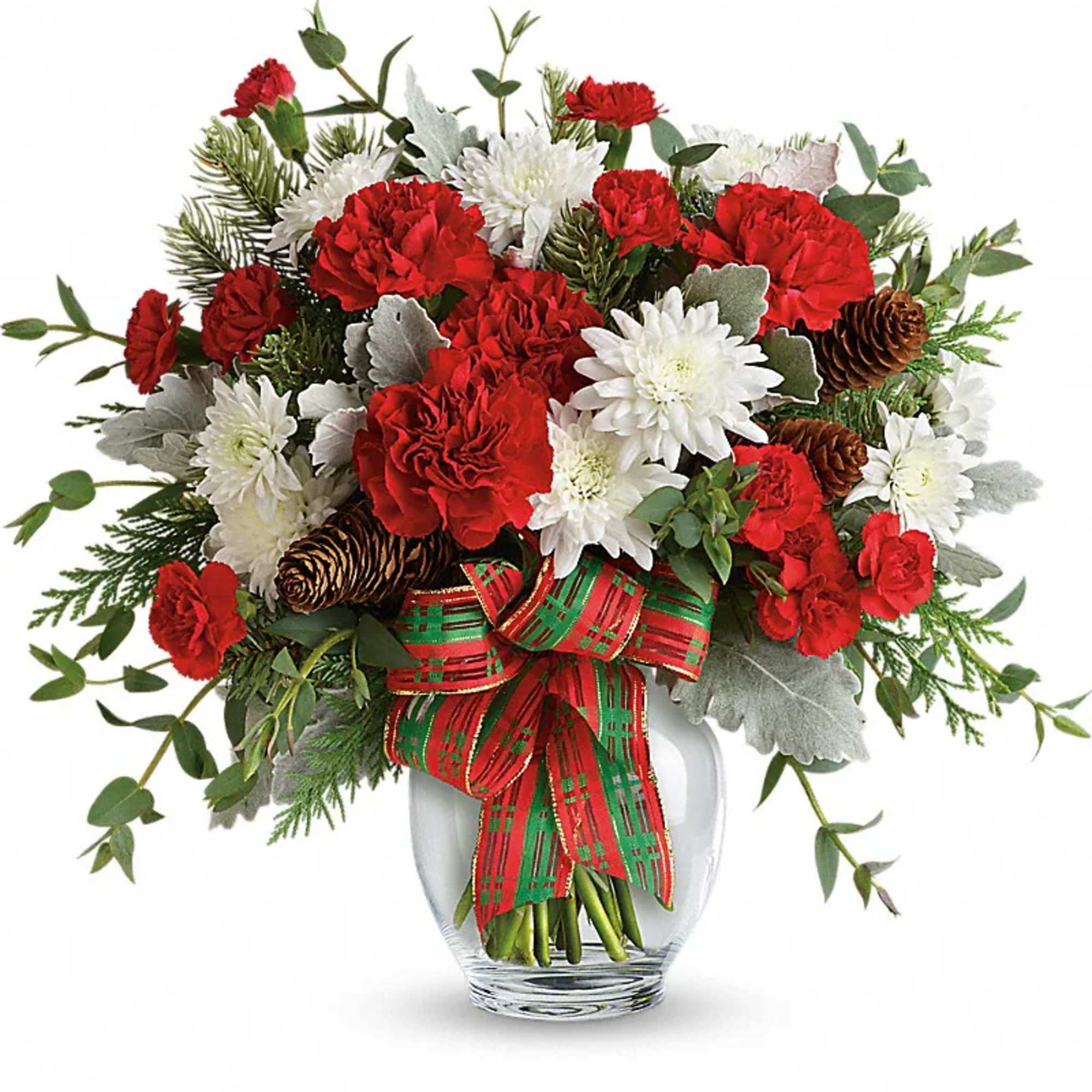 Make their season bright with this fun bouquet of Christmas blooms, hand-delivered