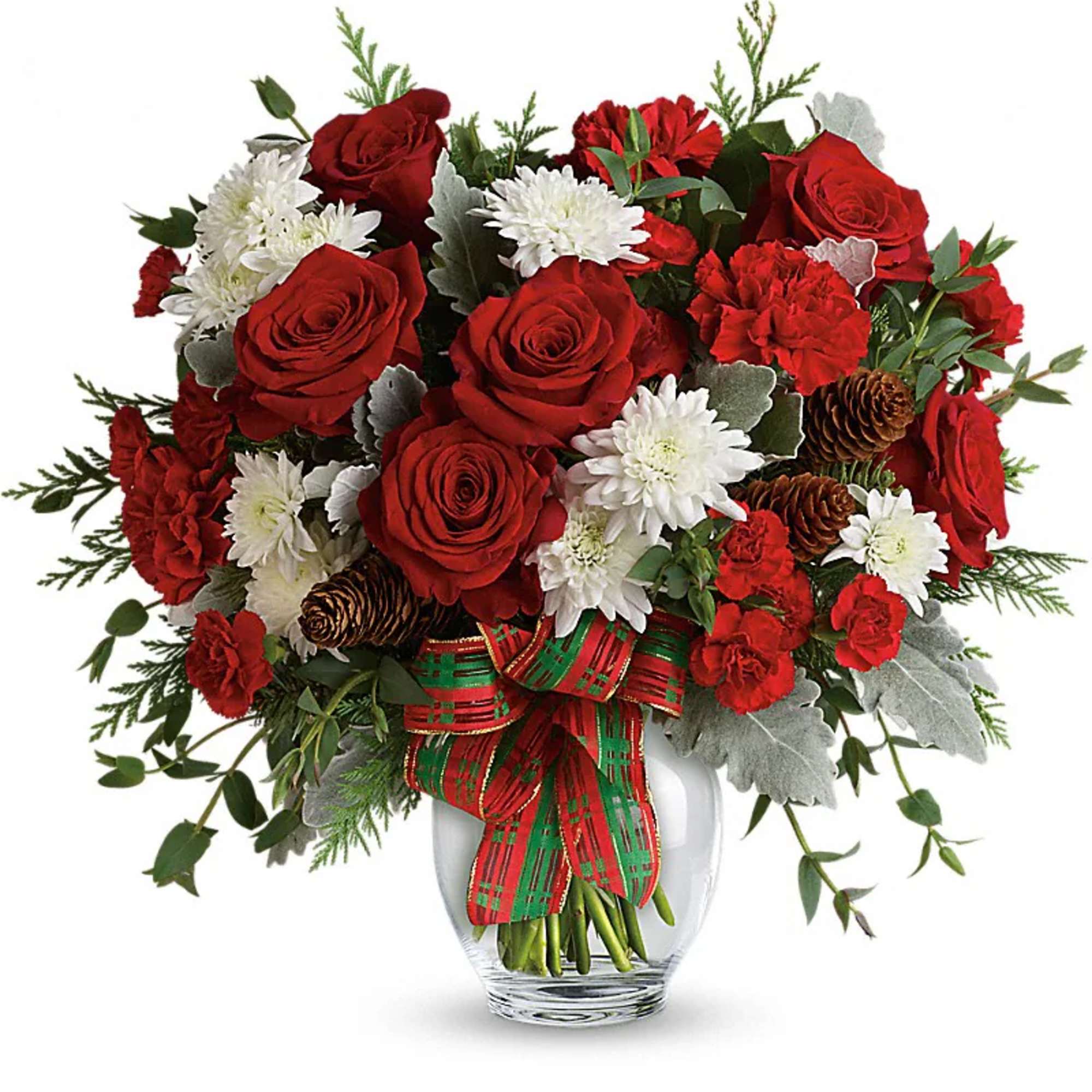 Make their season bright with this fun bouquet of Christmas blooms, hand-delivered