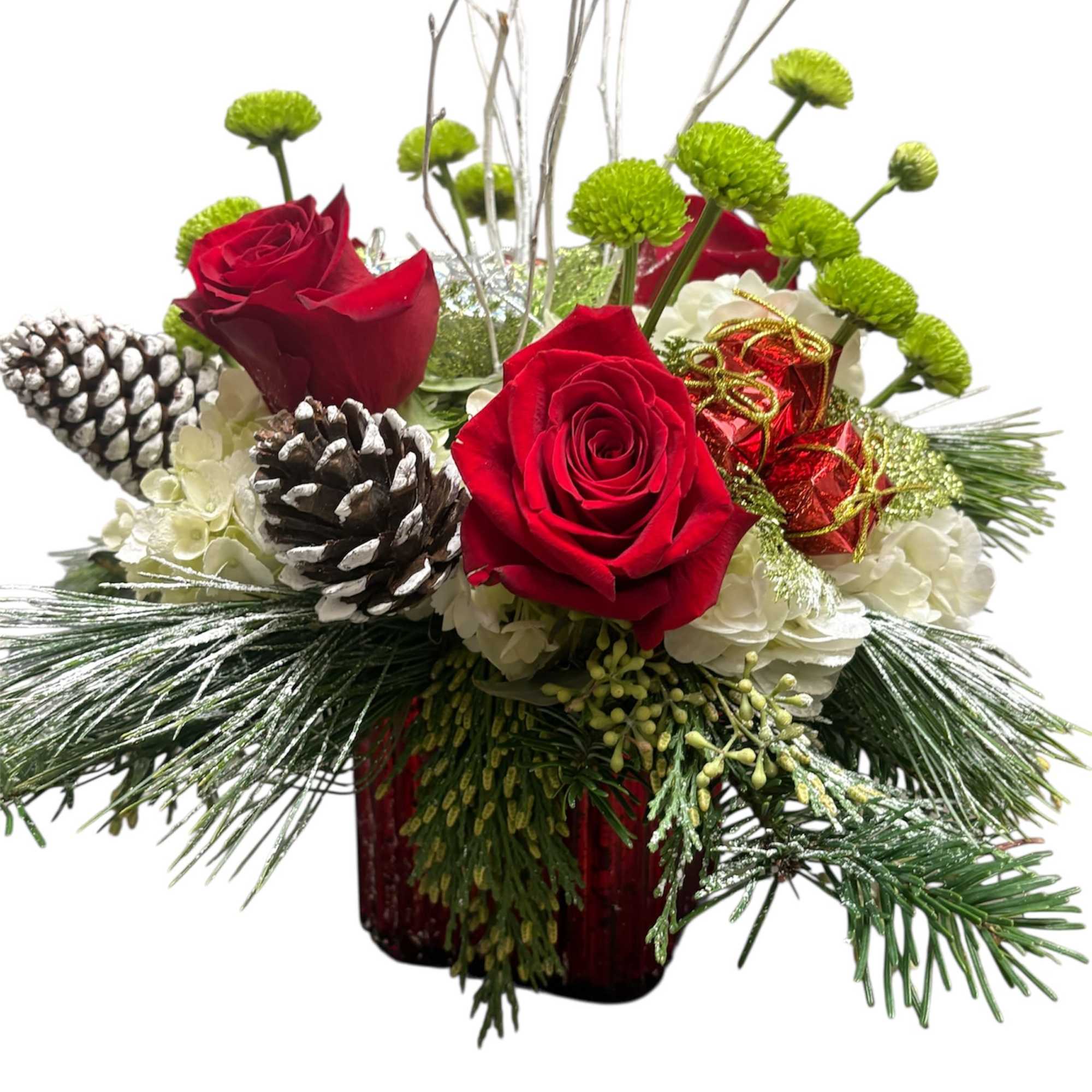 Festive Holiday Arrangement in a red cube with seasonal flowers and decor.