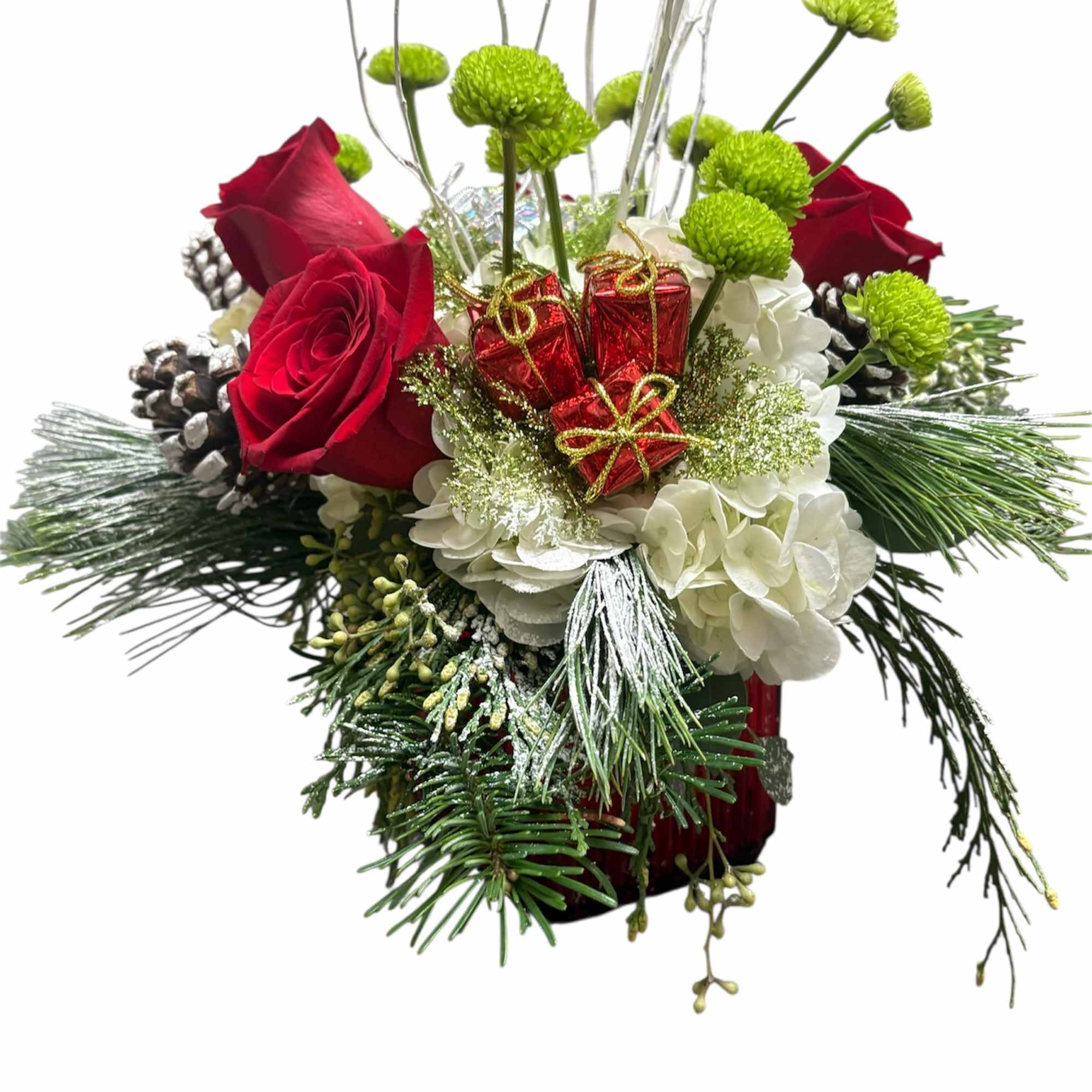 Festive Holiday Arrangement in a red cube with seasonal flowers and decor.