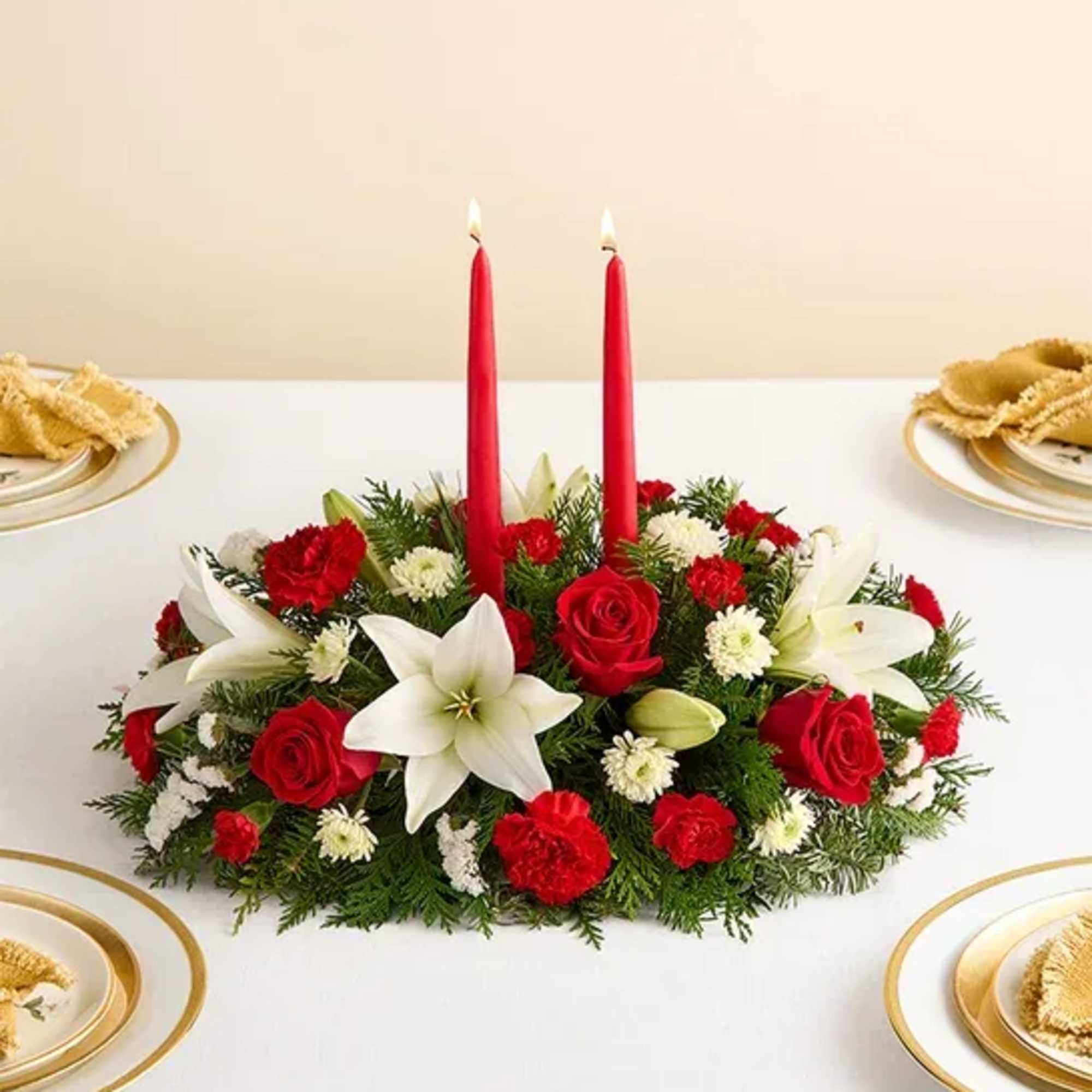 Our classic table arrangement is an idyllic centerpiece for your Holiday celebration.