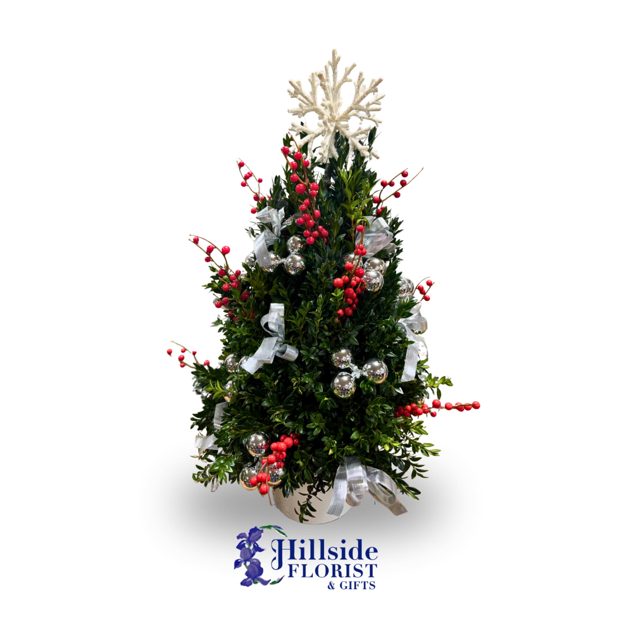 All trees are uniquely decorated. Boxwood greens arranged in a classic tree