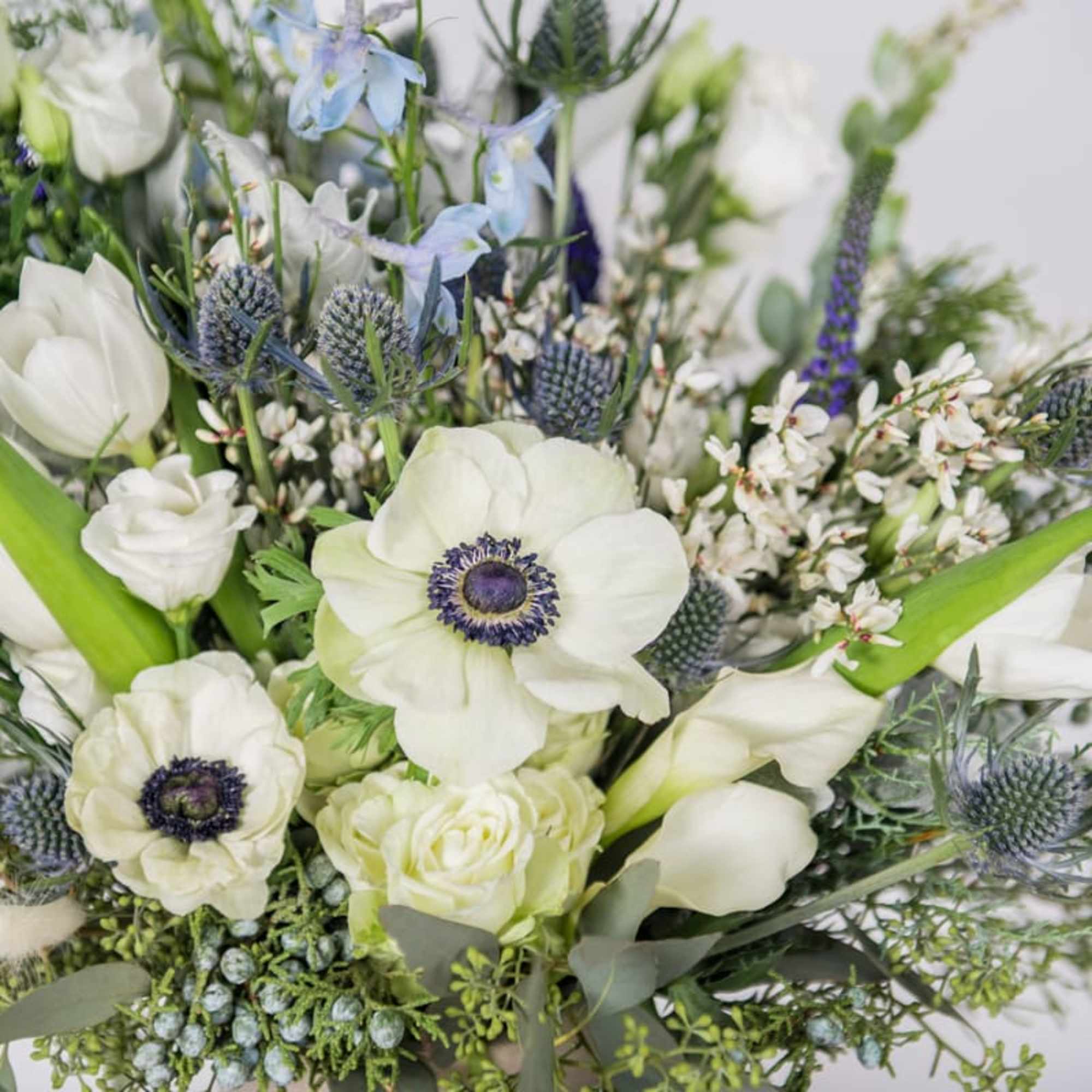 Featuring: Anemone, Tulip, Thistle, Delphinium, Veronica, Eucalyptus, Dusty Miller, Lisianthus, &amp; Bunny