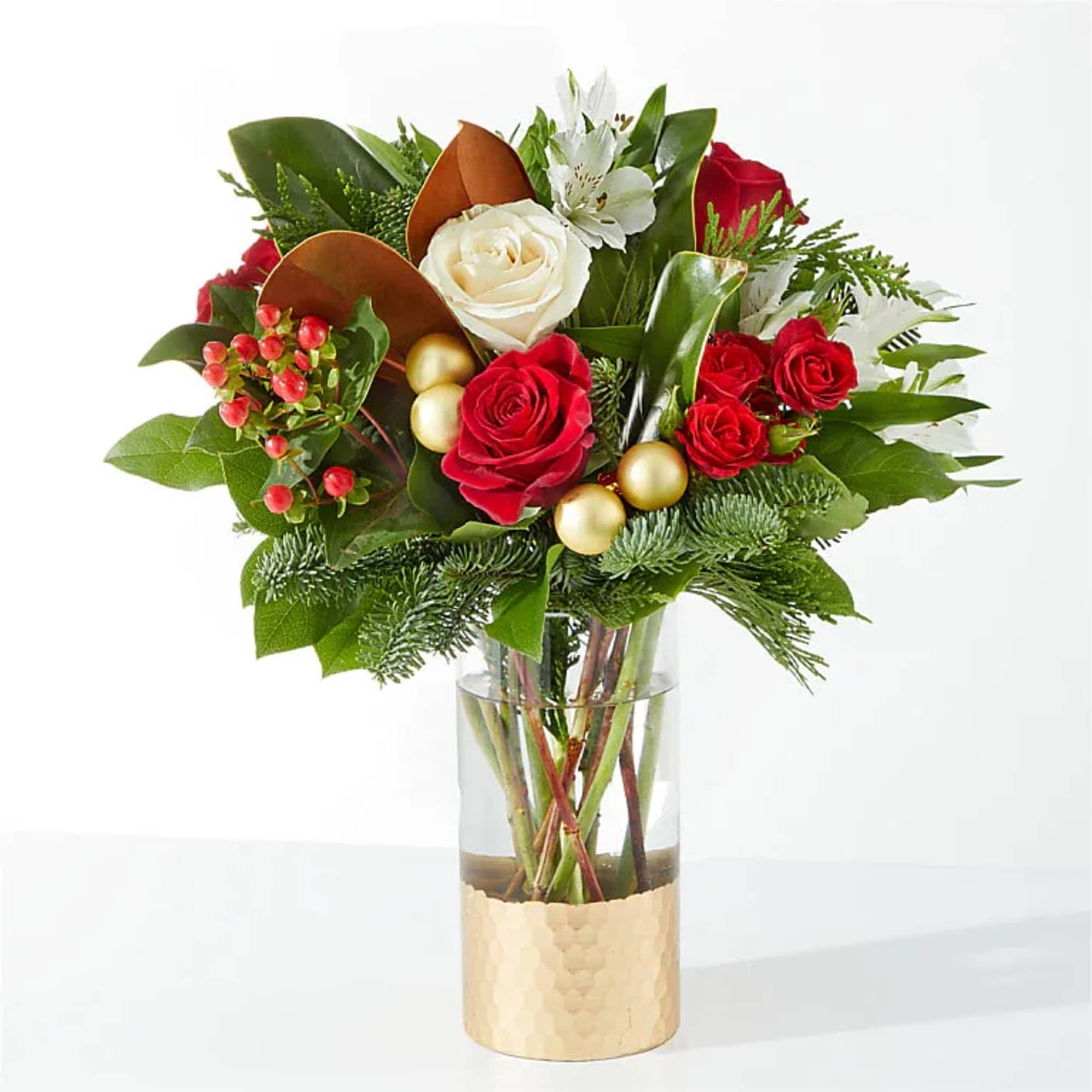 Spread joy this holiday season with a shimmering arrangement of roses, alstroemeria