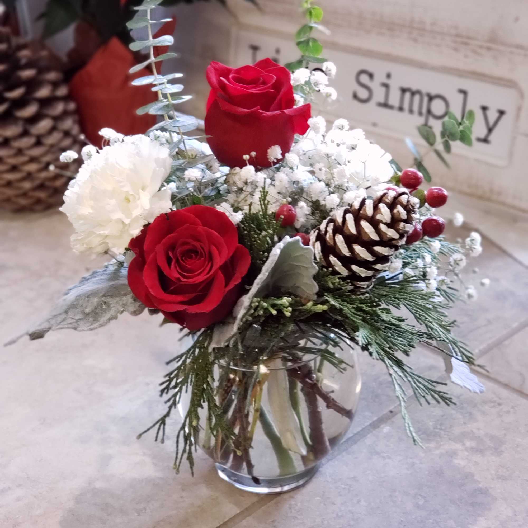 A cute Christmas mix designed in a clear bubble bowl or clear