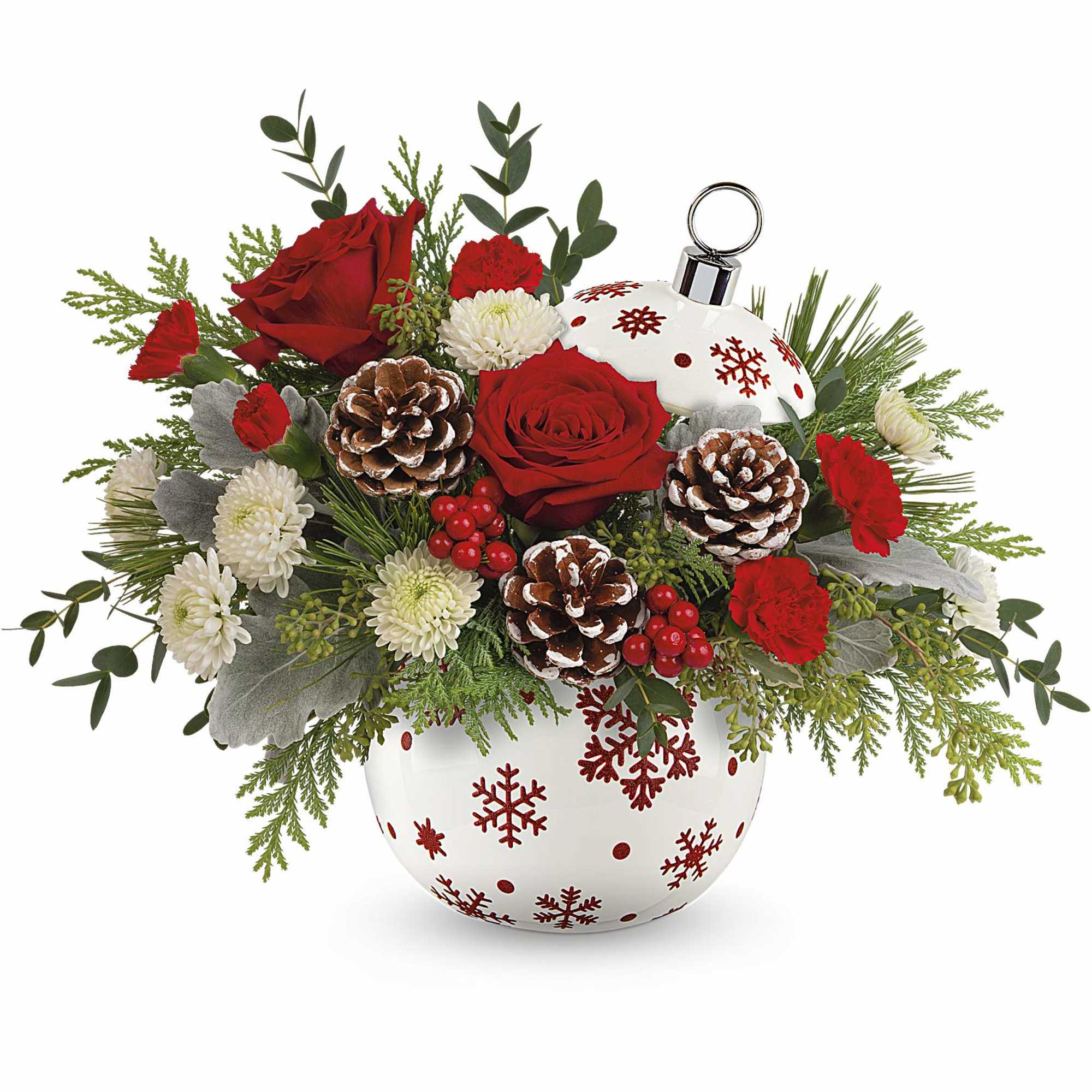 Brighten your Christmas with a bouquet of vibrant red roses and winter