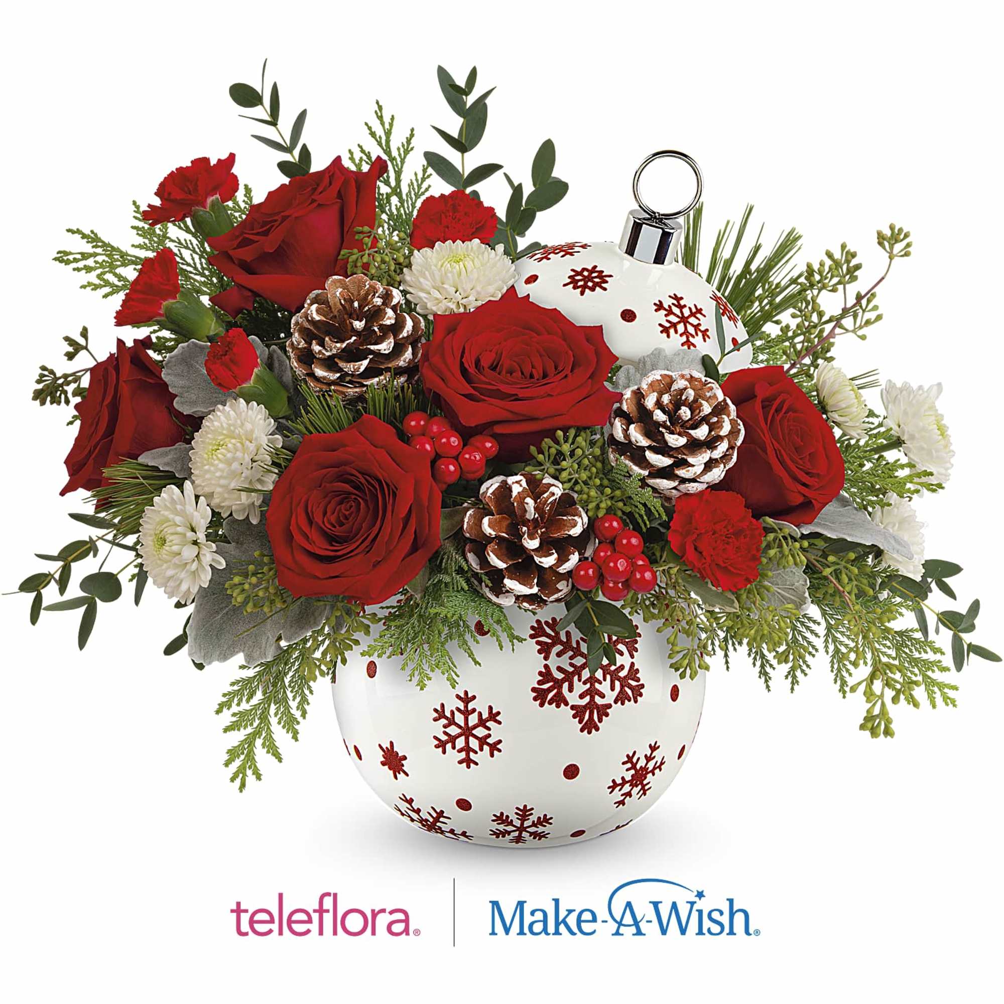Brighten your Christmas with a bouquet of vibrant red roses and winter