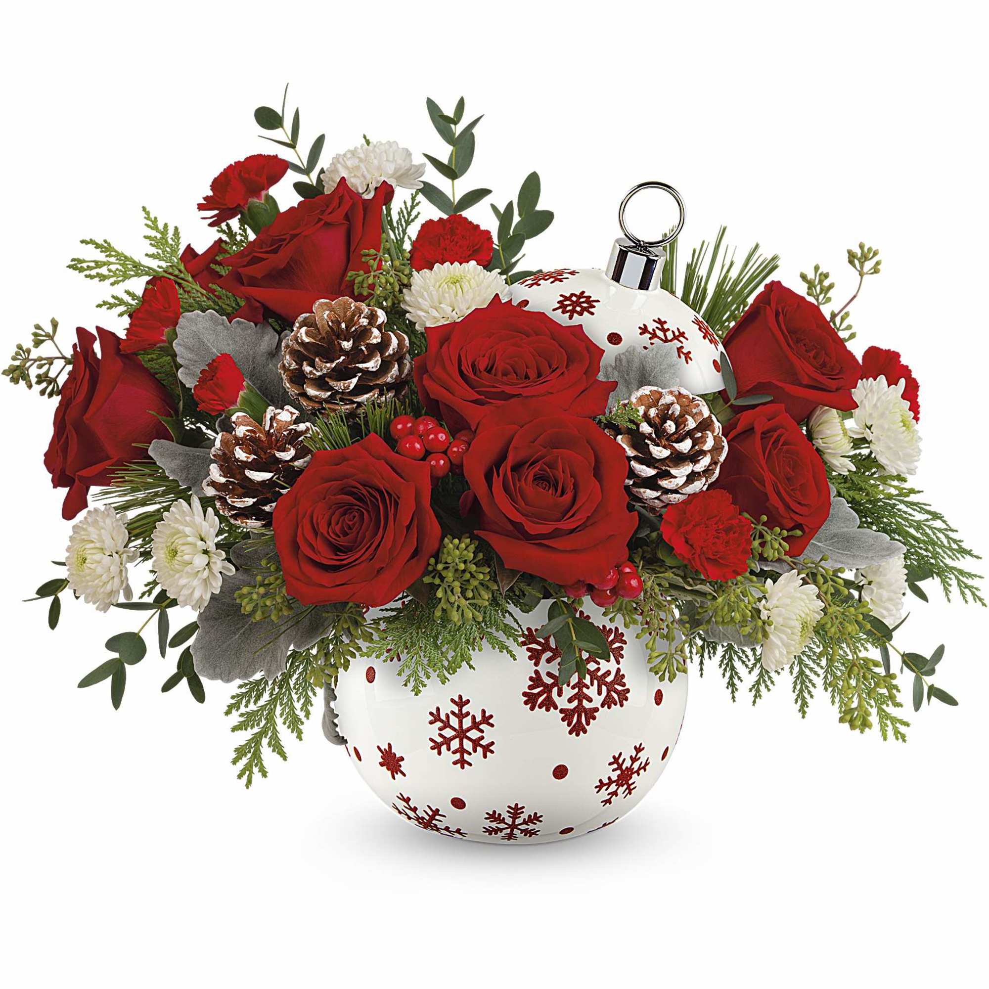 Brighten your Christmas with a bouquet of vibrant red roses and winter