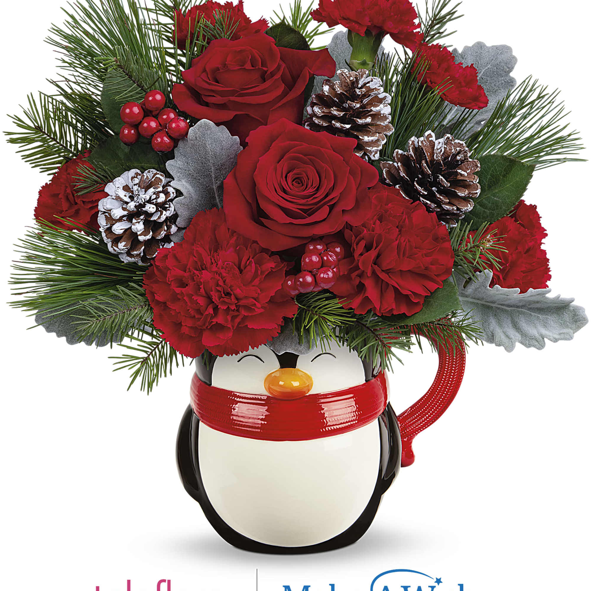 Bursting with Christmas blooms, this perky penguin is delighted to deliver your