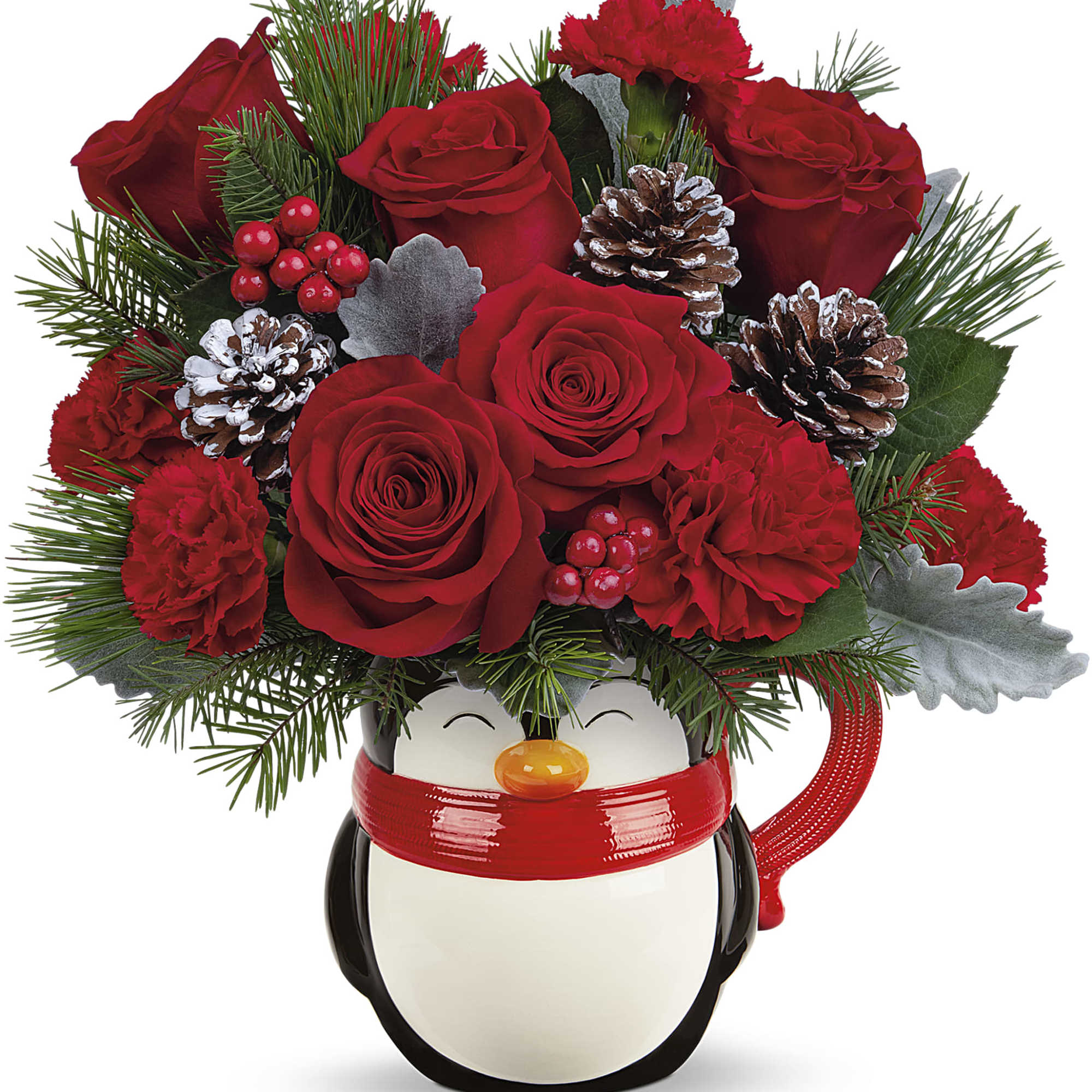 Bursting with Christmas blooms, this perky penguin is delighted to deliver your
