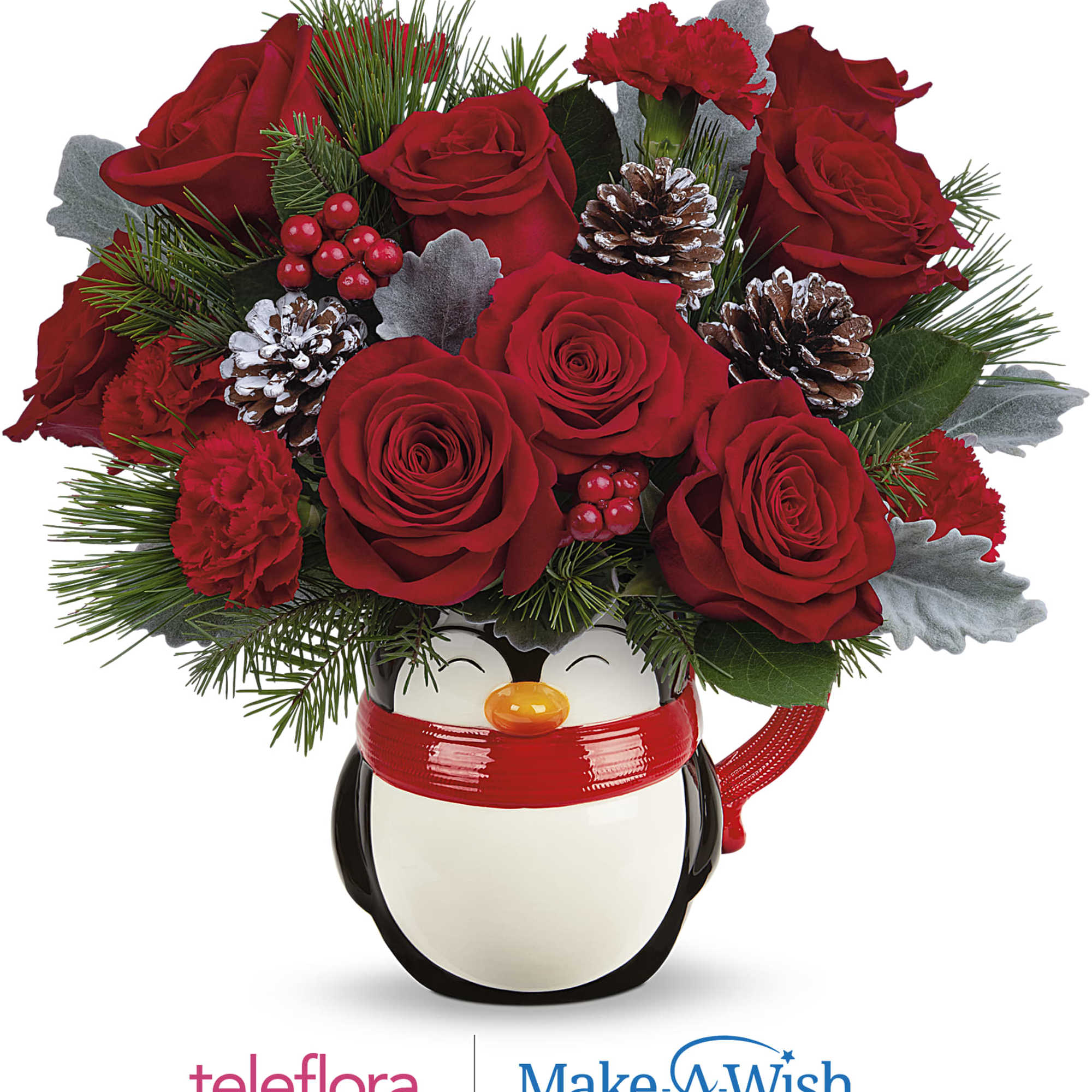 Bursting with Christmas blooms, this perky penguin is delighted to deliver your