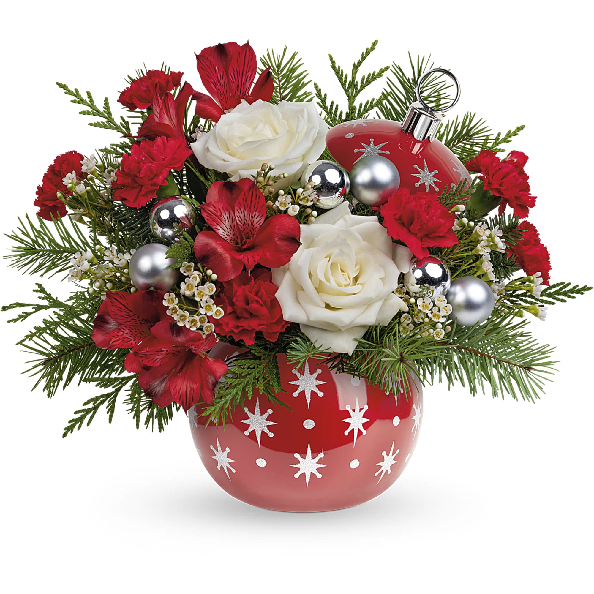 Make Christmas twinkle with this bouquet of snow white roses and fresh