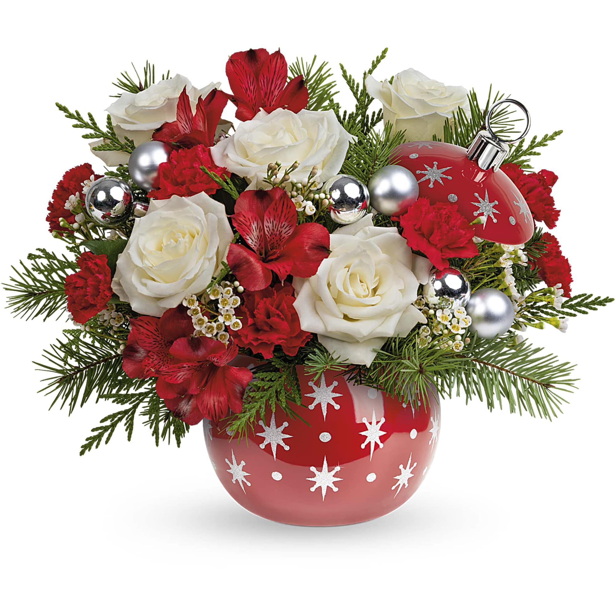 Make Christmas twinkle with this bouquet of snow white roses and fresh