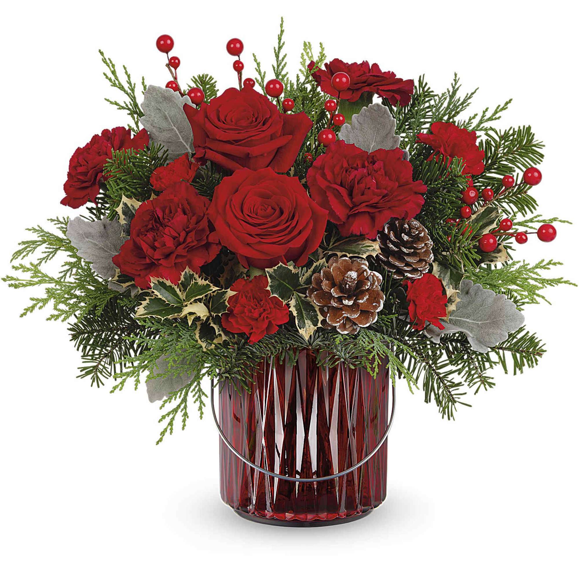 Illuminate your holiday festivities with this enchanting Christmas bouquet, elegantly arranged in