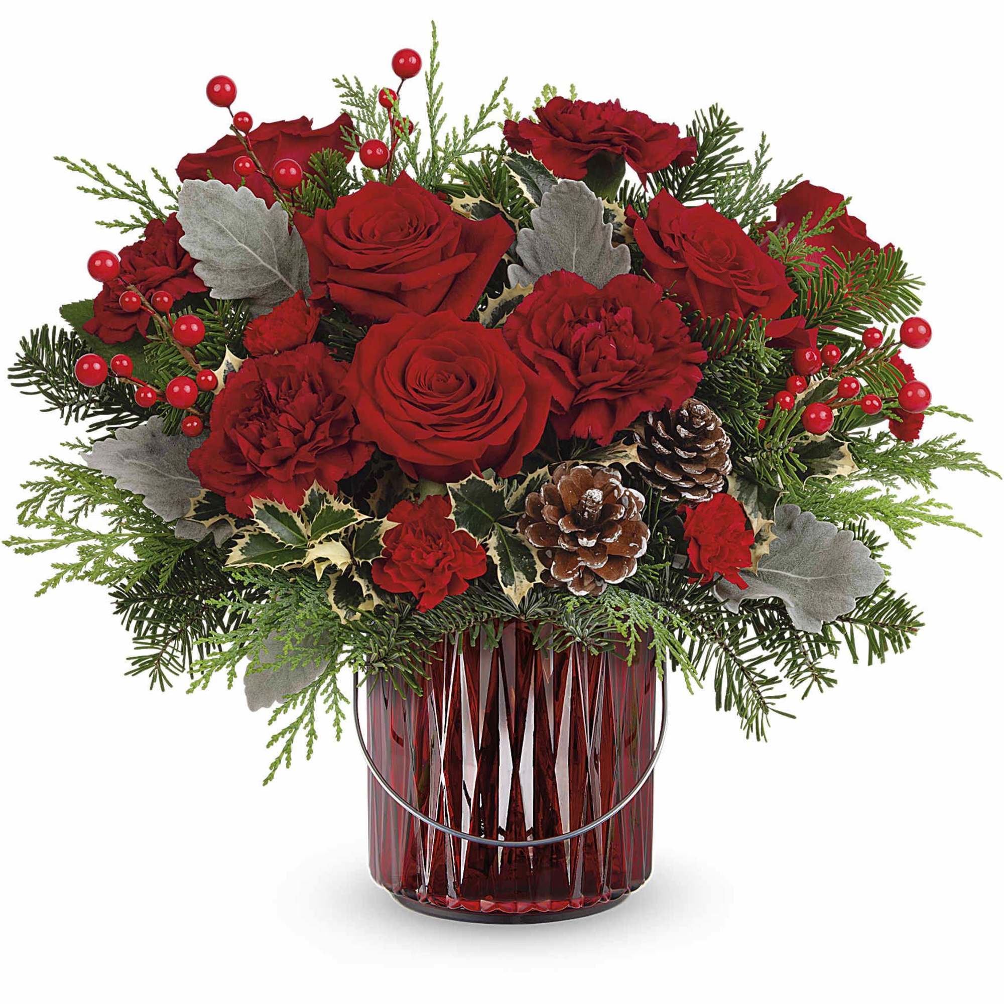 Illuminate your holiday festivities with this enchanting Christmas bouquet, elegantly arranged in