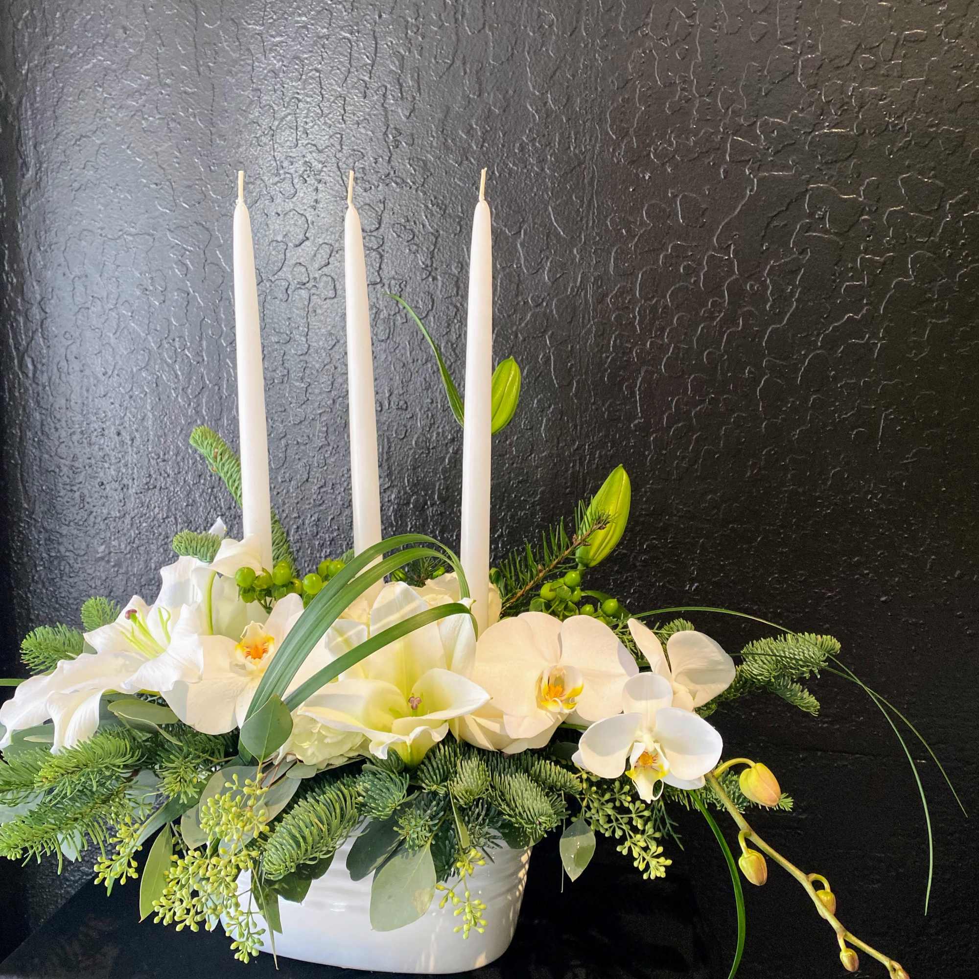 Classic and stylish centerpiece design.  All white in long and low