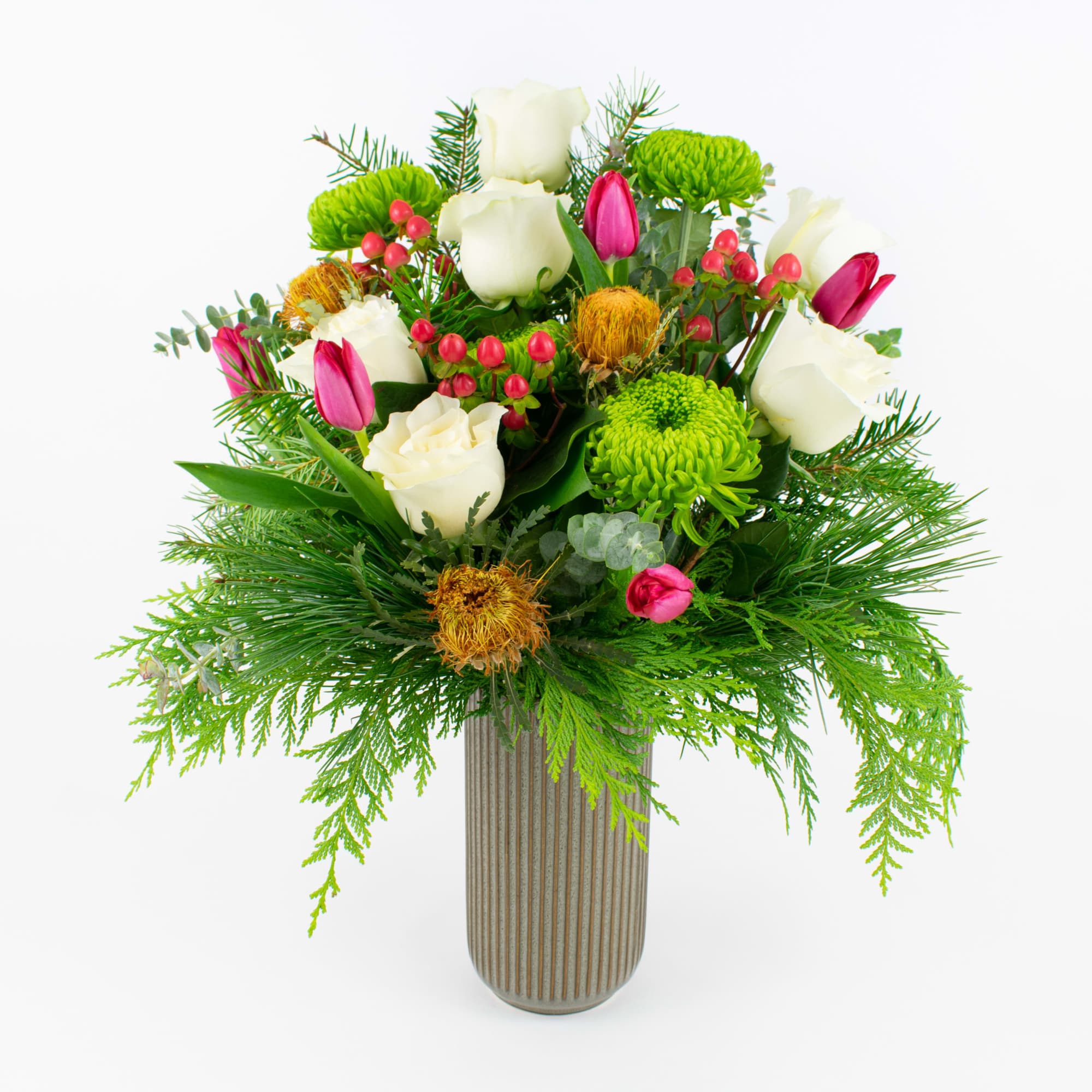 CHRISTMAS FLOWER VASE WITH TULIPS, ROSES AND CHRYSANTHEMUMS 

Fun and festive. This
